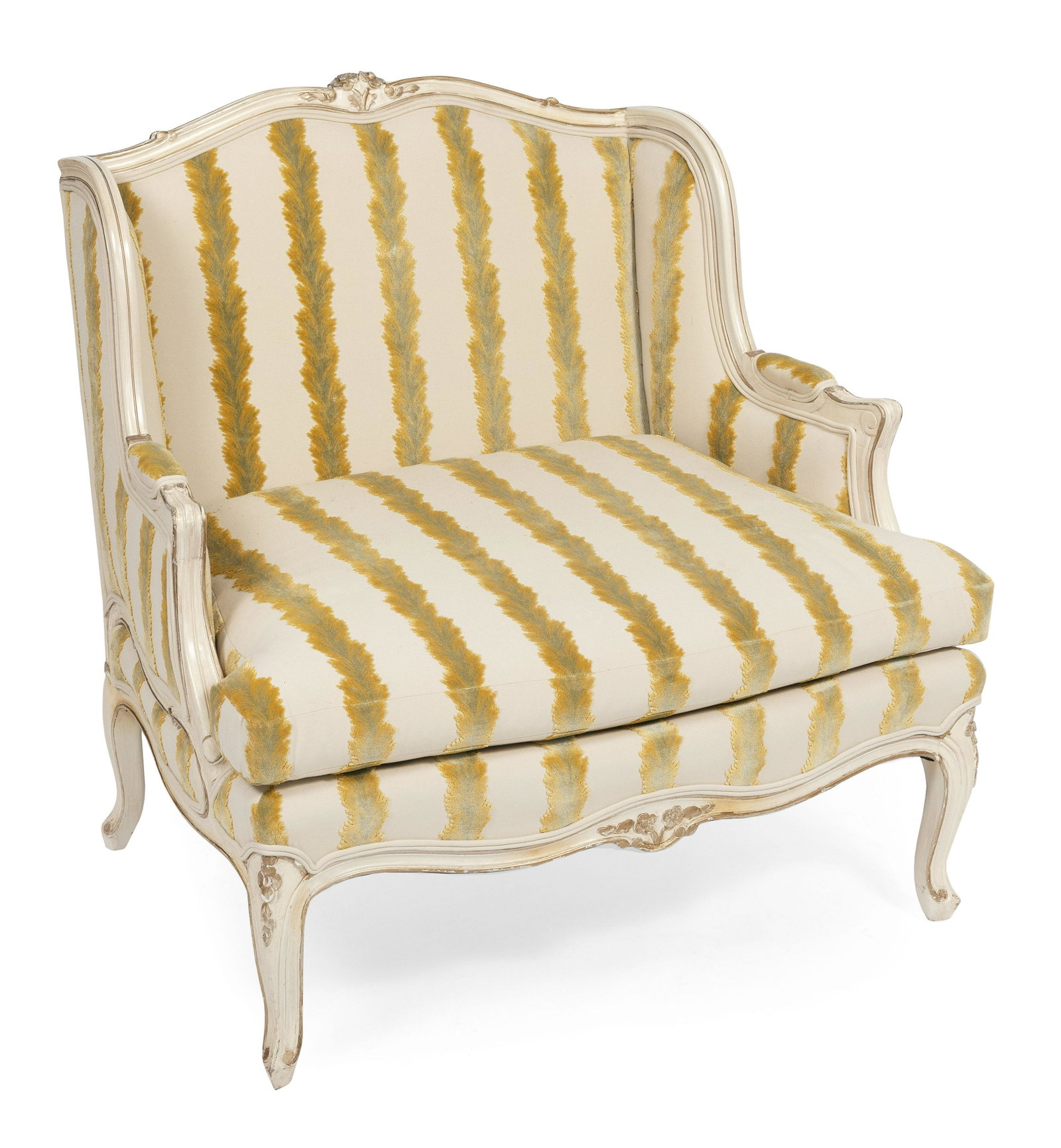 FRENCH-STYLE OVERSIZED ARMCHAIR 20th Century Back height 37”. Seat height 18.5”.: FRENCH-STYLE OVERSIZED ARMCHAIR 20th Century Cream and gold upholstery. Back height 37”. Seat height 18.5”. Width 37”. Seat depth 24.5”.