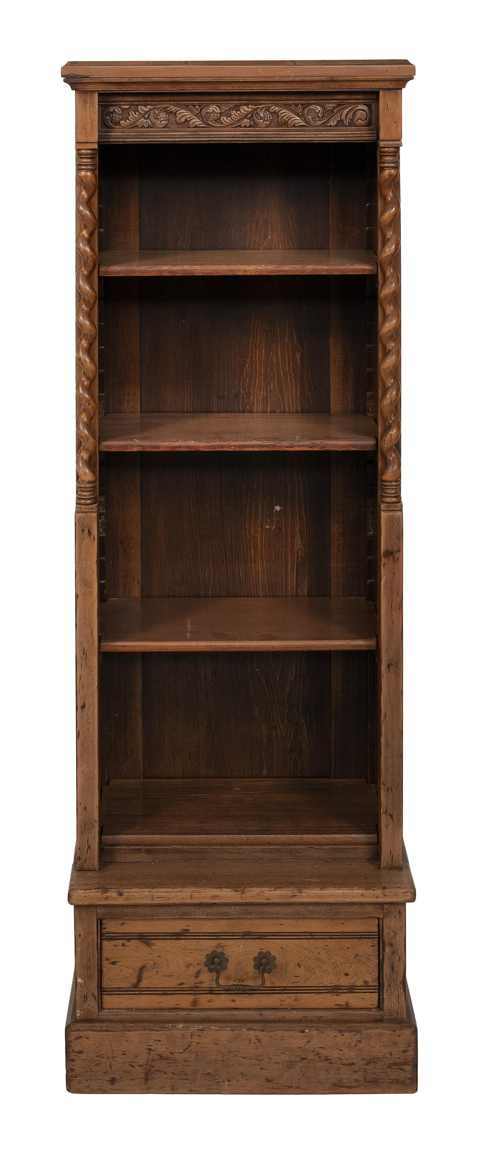 NARROW WALNUT BOOKCASE Early 20th Century Height 55.5”. Width 19”. Depth at base (1 of 1)