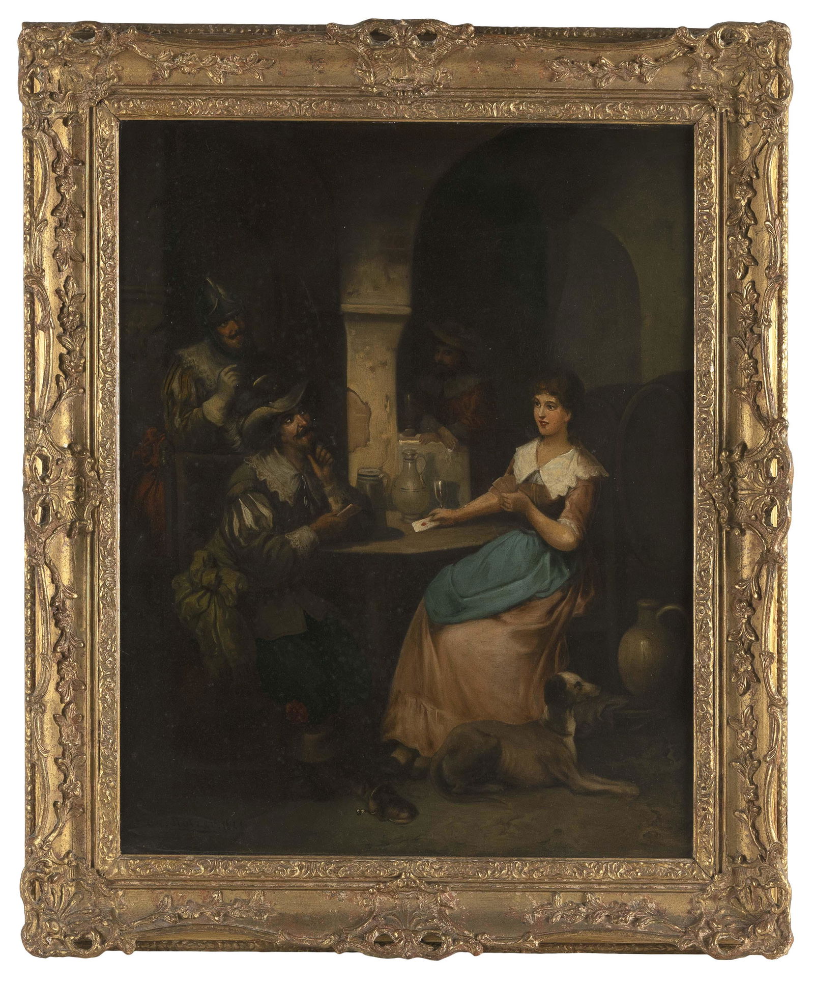 CONTINENTAL SCHOOL (Late 19th Century,), Interior scene with a knight and a cavalier competing for (1 of 2)