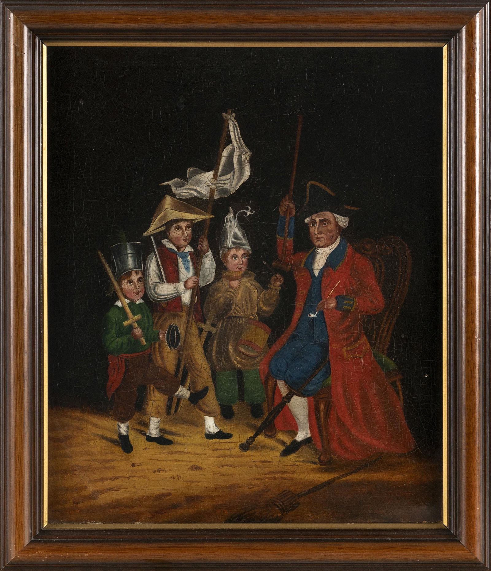 CONTINENTAL SCHOOL (19th Century,), A man directing three boys who are pretending to march into: CONTINENTAL SCHOOL 19th Century A man directing three boys who are pretending to march into battle. Unsigned. Oil on canvas, 17” x 14”. Framed 19.5” x 16.5”.