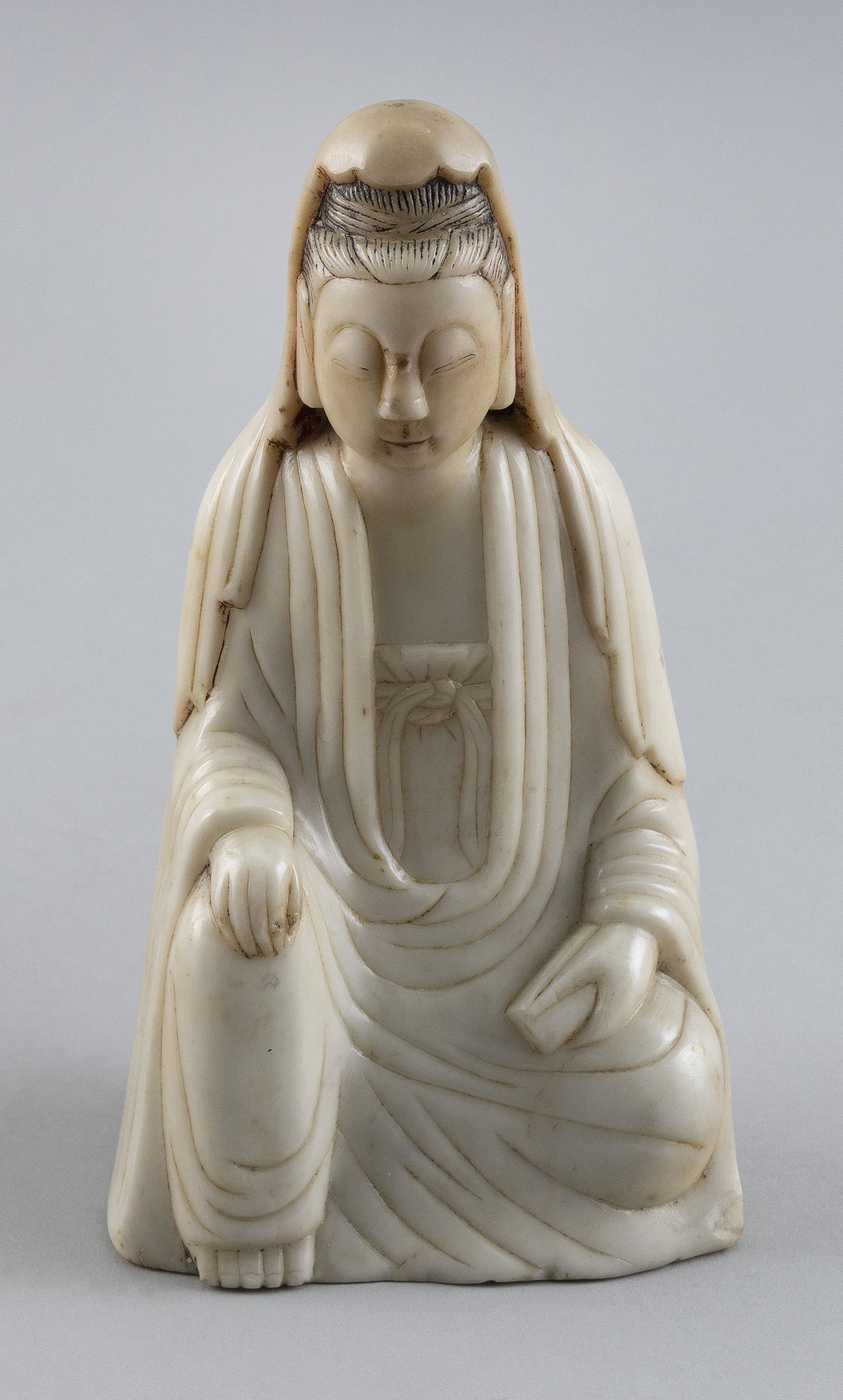 CHINESE CARVED SOAPSTONE FIGURE OF A SEATED GUANYIN Late Ming-Qing Dynasty Height 7.25". (1 of 3)