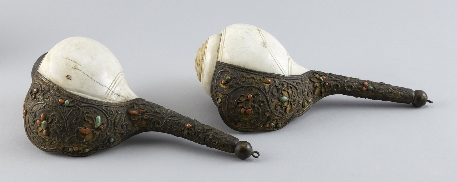 PAIR OF TIBETAN BUDDHIST DECORATED CONCH SHELL HORNS 19th Century Lengths 10.5". (1 of 3)
