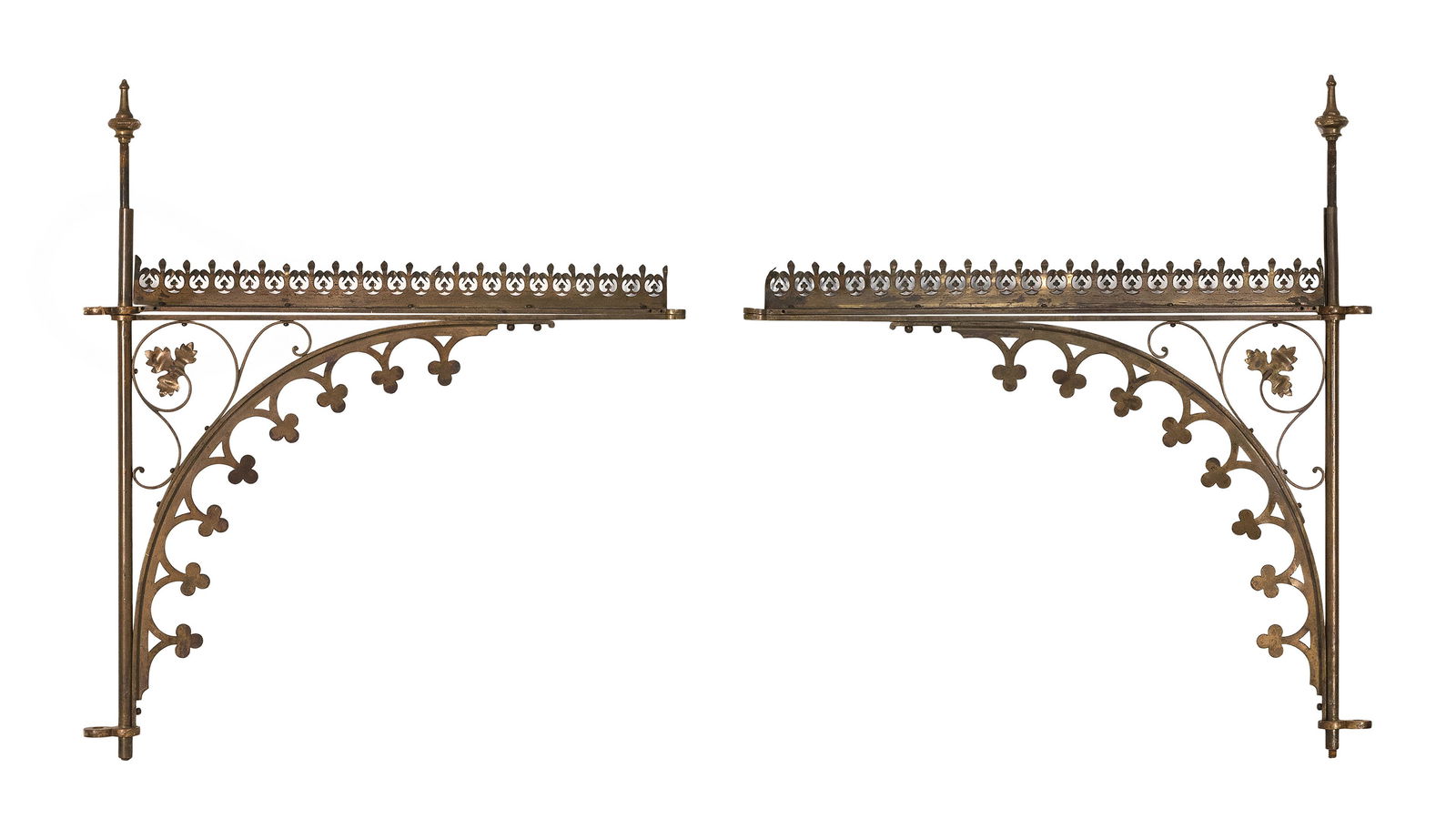 PAIR OF DECORATIVE BRASS SHELF BRACKETS Late 19th/Early 20th Century Total heights 34.75”. (1 of 1)