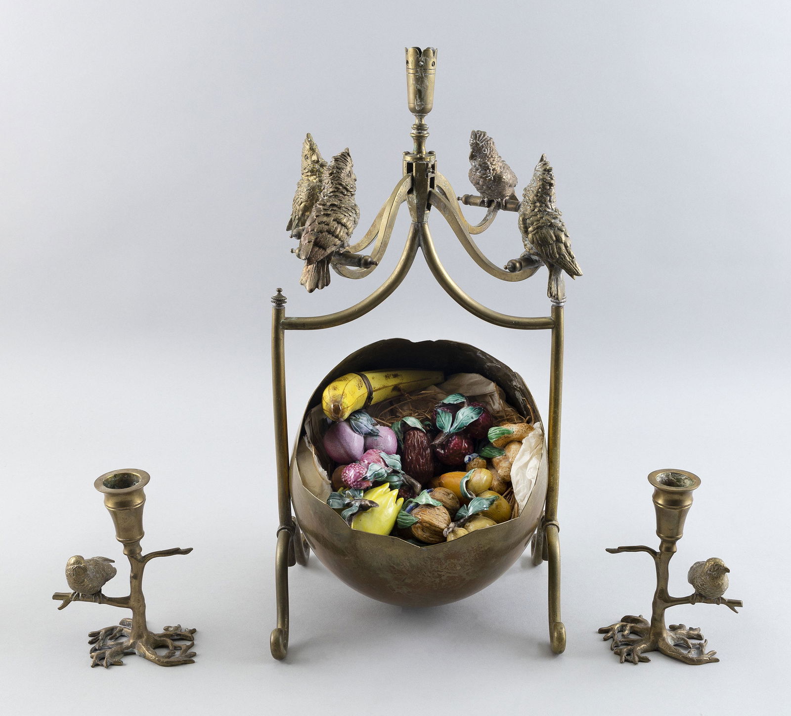 ASSEMBLED THREE-PIECE BRASS CENTERPIECE Late 19th/Early 20th Century Heights to 16". (1 of 2)