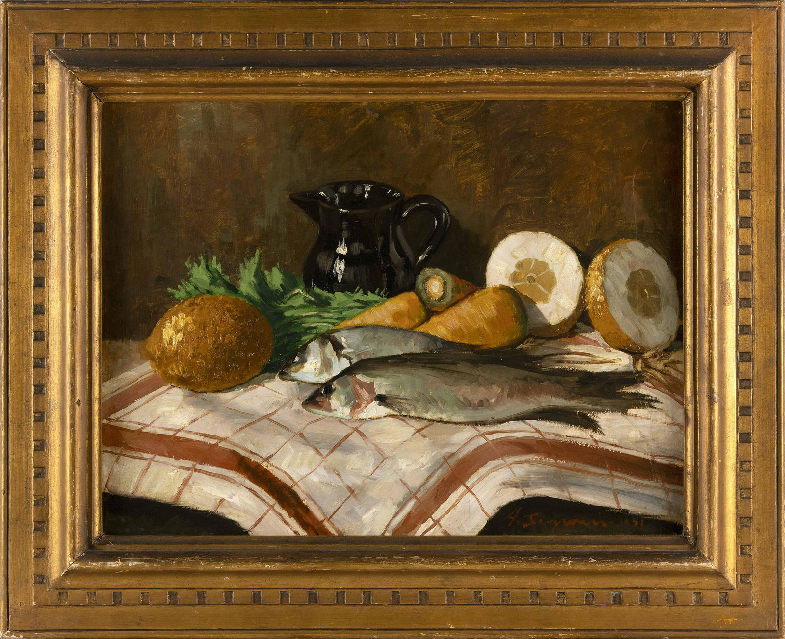ANNIBALE SCARONI (Italy, b. 1891), Tabletop still life of fish, vegetables and a pitcher., Oil on (1 of 2)