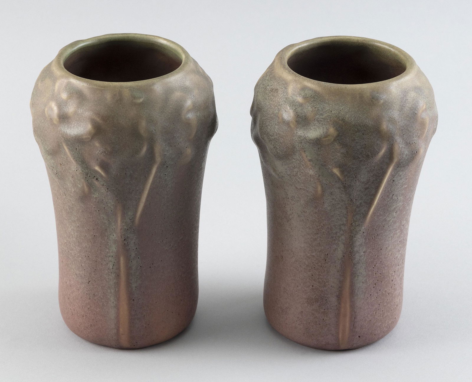 PAIR OF ROOKWOOD POTTERY "DOGWOOD" MATTE GLAZE VASES Dated 1915 Heights 7”. Diameters (1 of 3)