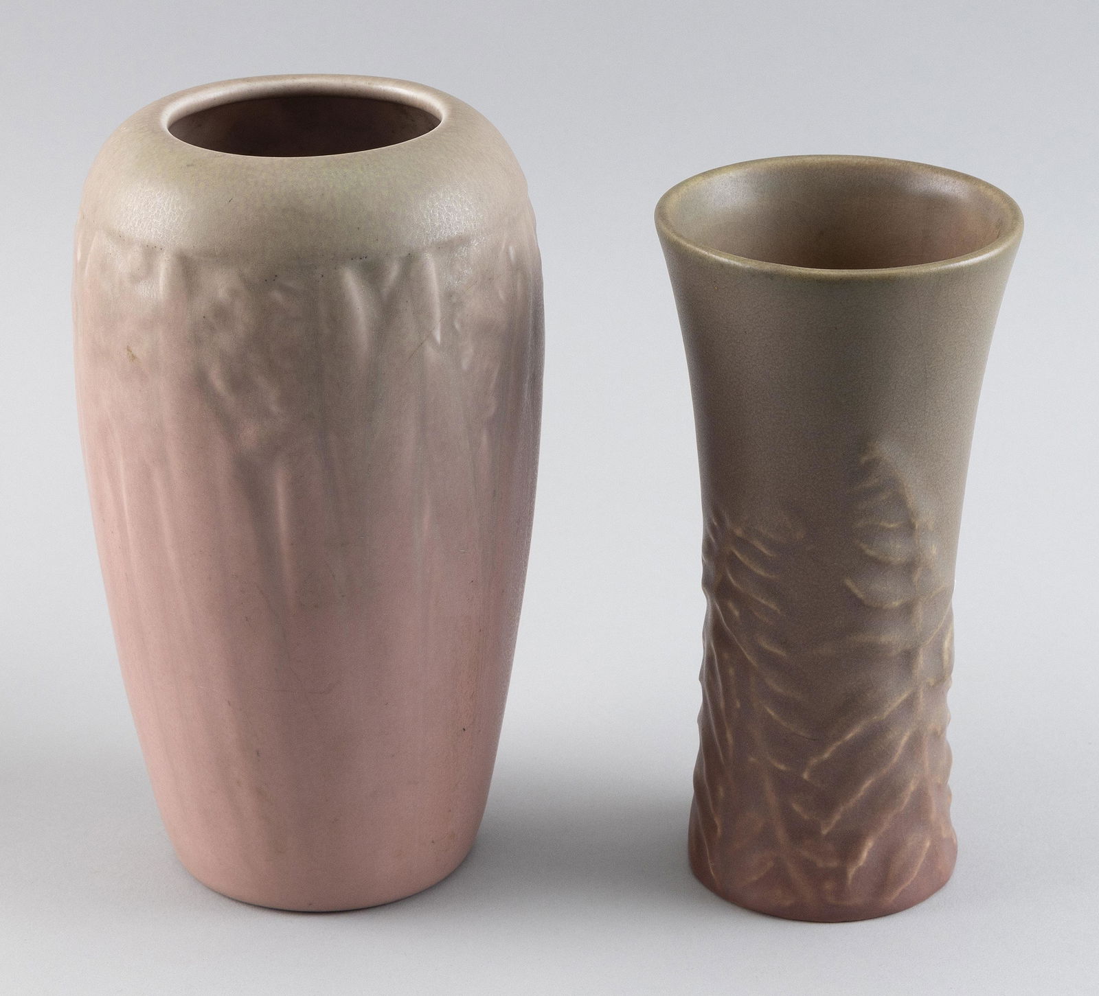 TWO ROOKWOOD POTTERY MATTE GLAZE VASES Dated 1930 and 1915 Heights 8" and 8.75". Diameters 4" and (1 of 3)