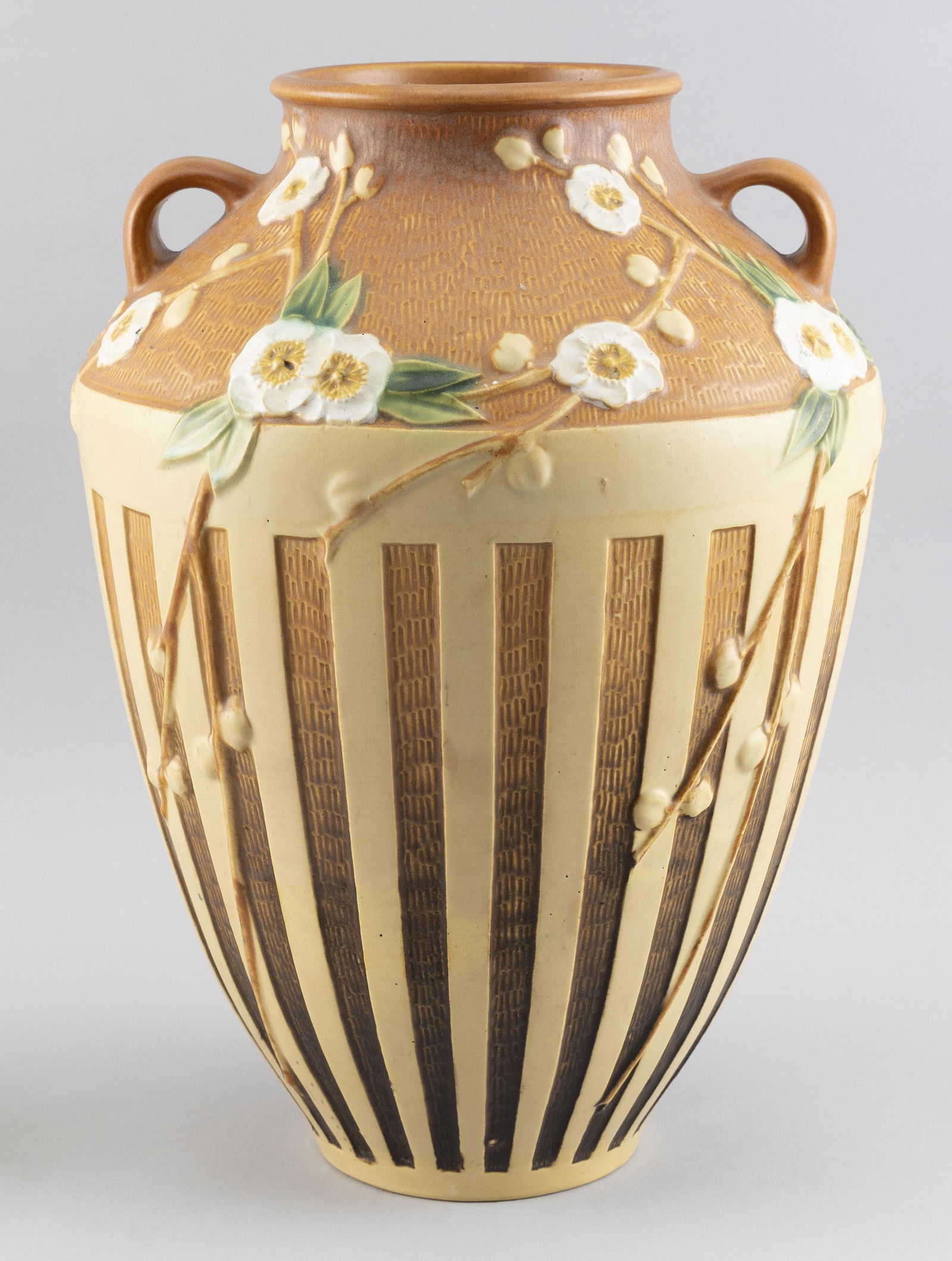 LARGE ROSEVILLE POTTERY "CHERRY BLOSSOM" HANDLED VASE Early 20th Century Height 15”. Diameter (1 of 3)