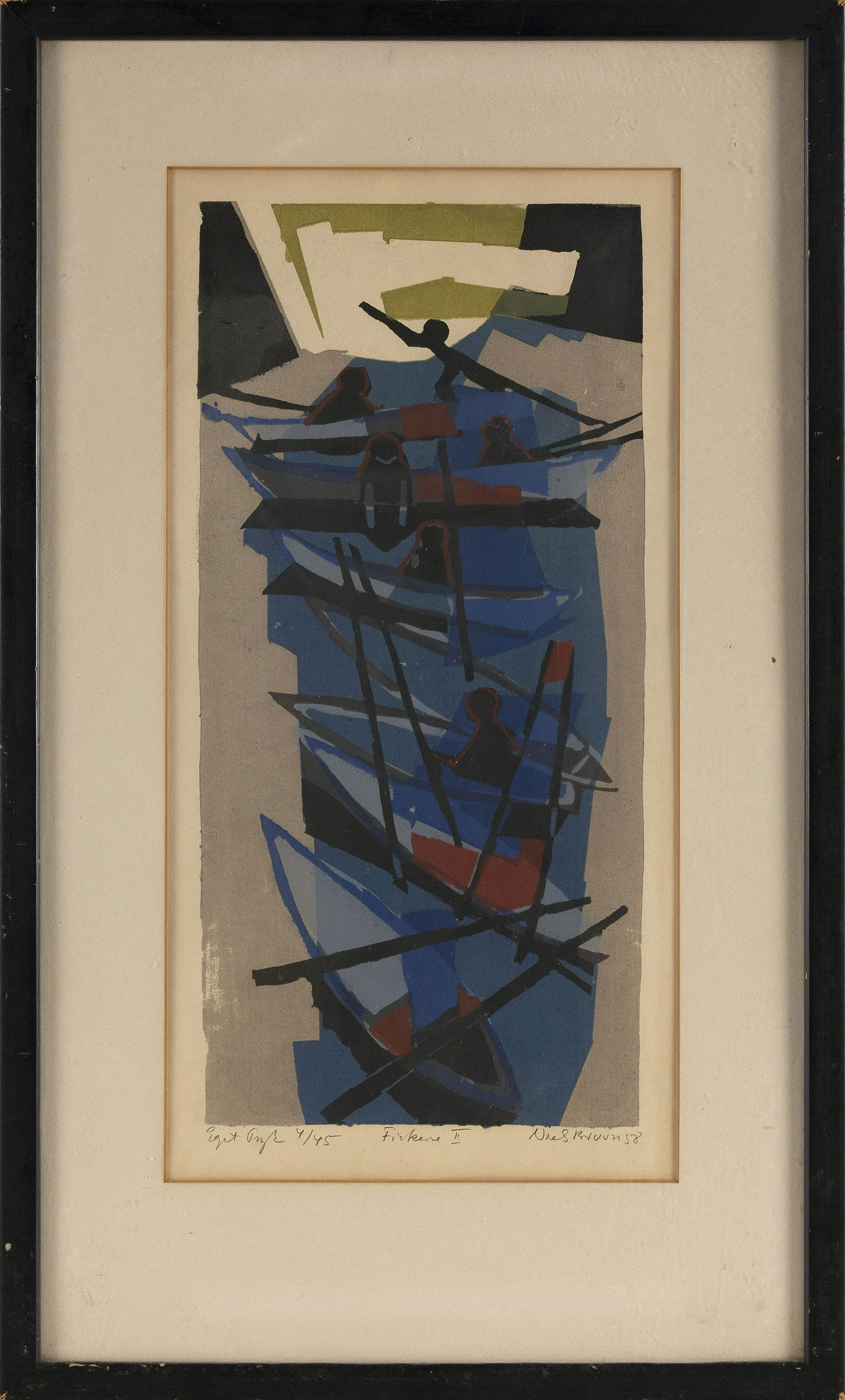 NEILS BRUUN (Denmark, 1918-1993), "Firkene II"., Lithograph on paper, 18.25" x 9" sight. Framed (1 of 2)