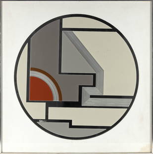 GREG COPELAND (America, Contemporary), Mid-century wall mirror with abstract design., Geometric: GREG COPELANDAmerica, ContemporaryMid-century wall mirror with abstract design. Signed lower left. Artistâ€™s label verso marked "Style #1108".Geometric print on glass. Framed size 35.5&rdquo; x