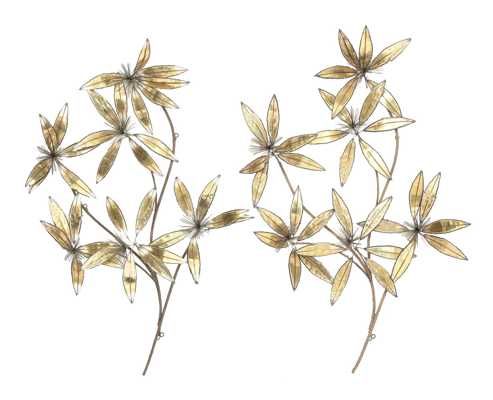 CURTIS JERE (California/China, 1910-2008), Pair of floral wall sculptures., Metal, approx. 45” (1 of 1)