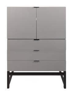 MINOTTI STORAGE CABINET Contemporary Height 48”. Width 35.5”. Depth 20.5”.: MINOTTI STORAGE CABINETContemporaryLight gray lacquered finish. Two doors enclose glass shelves. Three full-width drawers below. Black block legs.Height 48”. Width 35.5”. Depth 20.5”