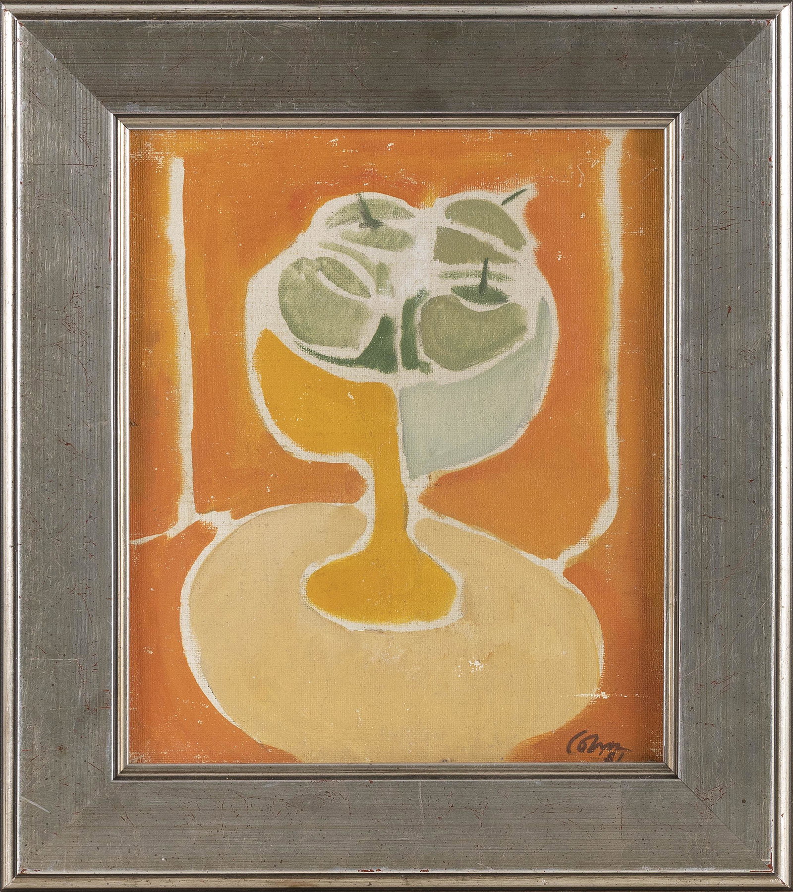 AMERICAN SCHOOL (20th Century,), "Apples + Bowl"., Oil on canvas, 12" x 10". Framed 16" x 14".: AMERICAN SCHOOL 20th Century "Apples + Bowl". Signed illegibly lower right. Titled verso. Oil on canvas, 12" x 10". Framed 16" x 14".