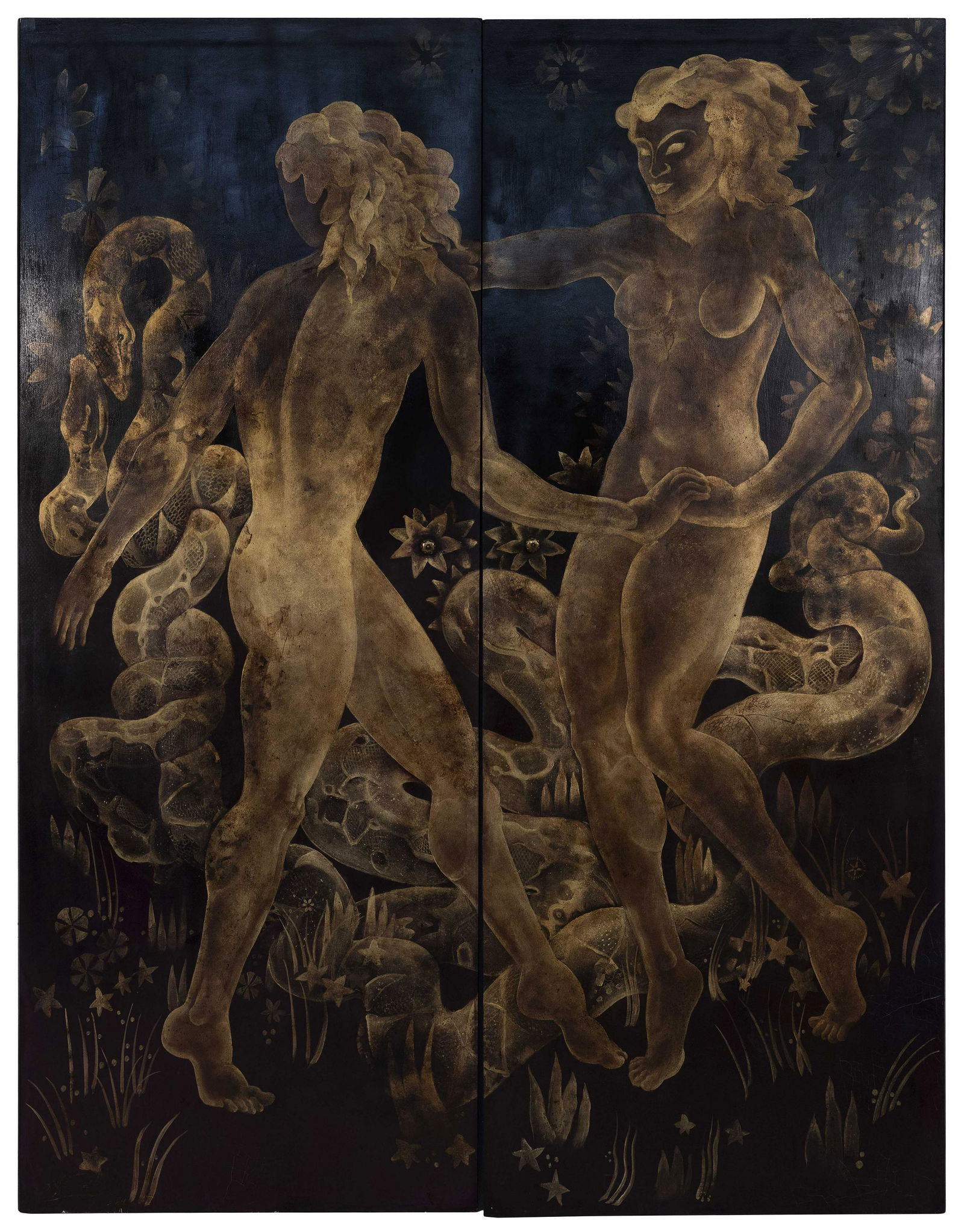 PAIR OF PAINTED WOODEN DOOR PANELS DEPICTING ADAM AND EVE Late 20th Century 88" x 33.5". (1 of 1)