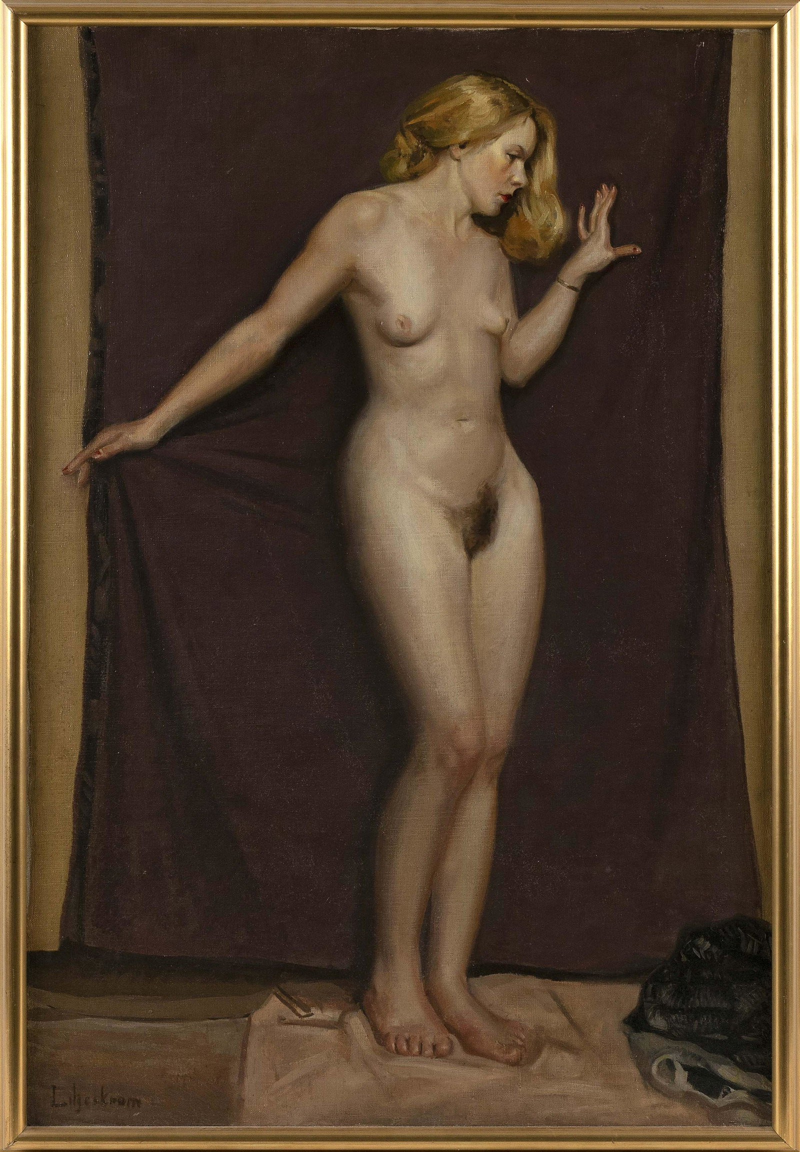 AMERICAN SCHOOL (20th Century,), Female nude., Oil on canvas, 36” x 24”. Framed 38”: AMERICAN SCHOOL 20th Century Female nude. Indiscernible signature lower left. Oil on canvas, 36” x 24”. Framed 38” x 25.75”.