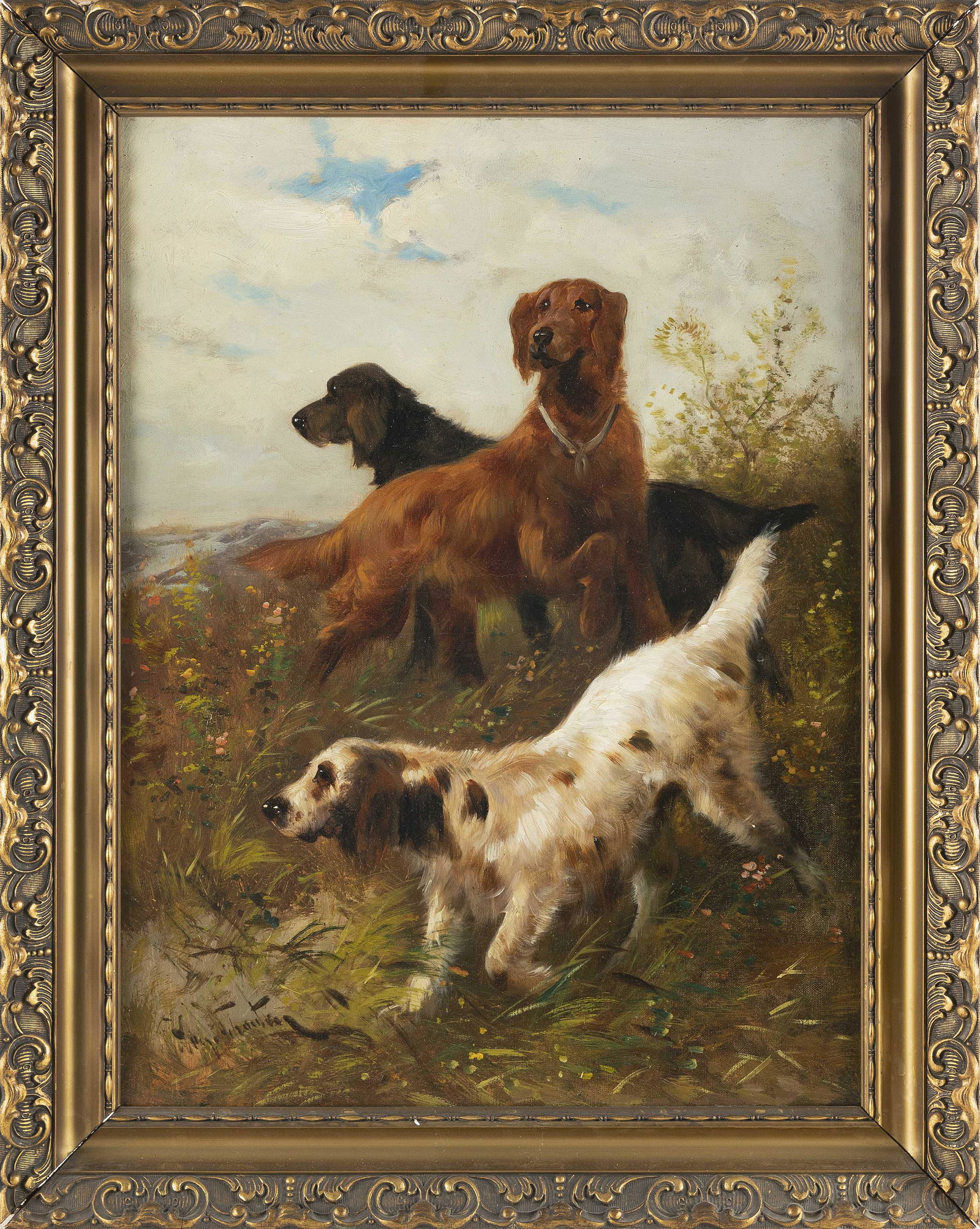 HENRY SCHOUTEN (Belgium/Indonesia, 1859/1867-1927), Setters on point., Oil on canvas, 24" x 18". (1 of 2)