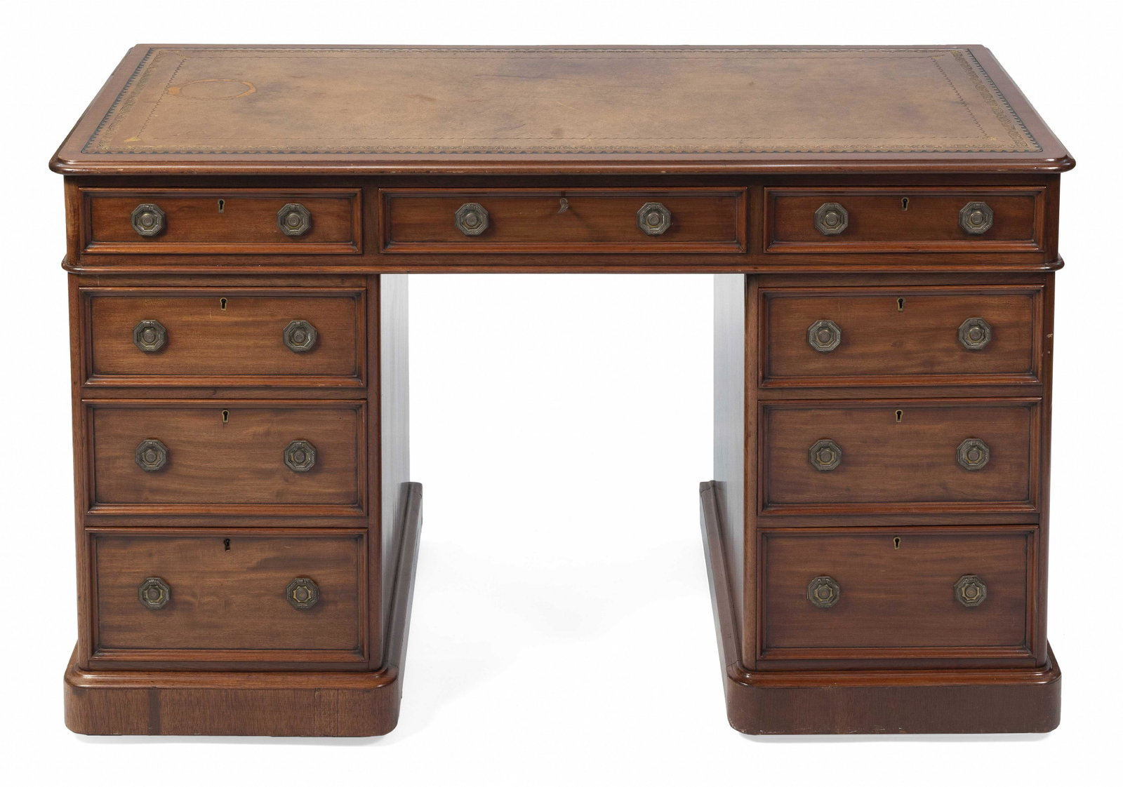 ENGLISH PEDESTAL DESK Late 19th/Early 20th Century Height 30”. Width 48”. Depth: ENGLISH PEDESTAL DESK Late 19th/Early 20th Century In mahogany. Top with molded edge, inset embossed gold leather writing surface and three side-by-side drawers. Each pedestal with three drawers and m