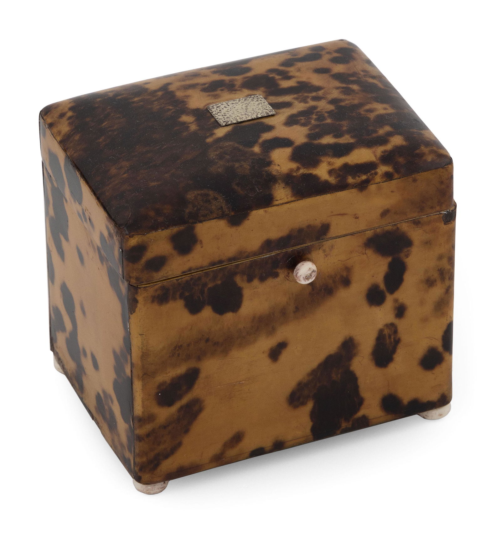 ENGLISH SHELL TEA CADDY 19th Century Height 4”. Width 4”. Depth 3”. (1 of 3)