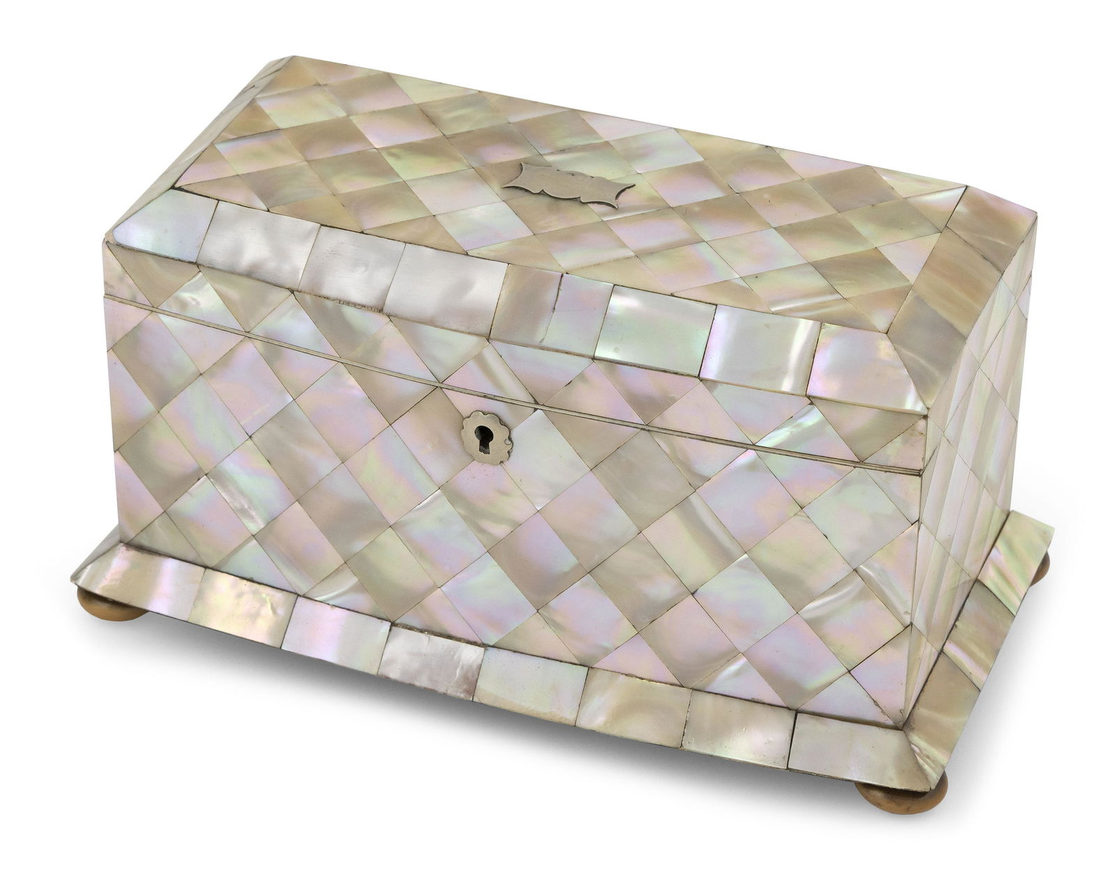 ENGLISH MOTHER-OF-PEARL TEA CADDY Early 19th Century Height 5.5”. Width 10”. Depth (1 of 5)