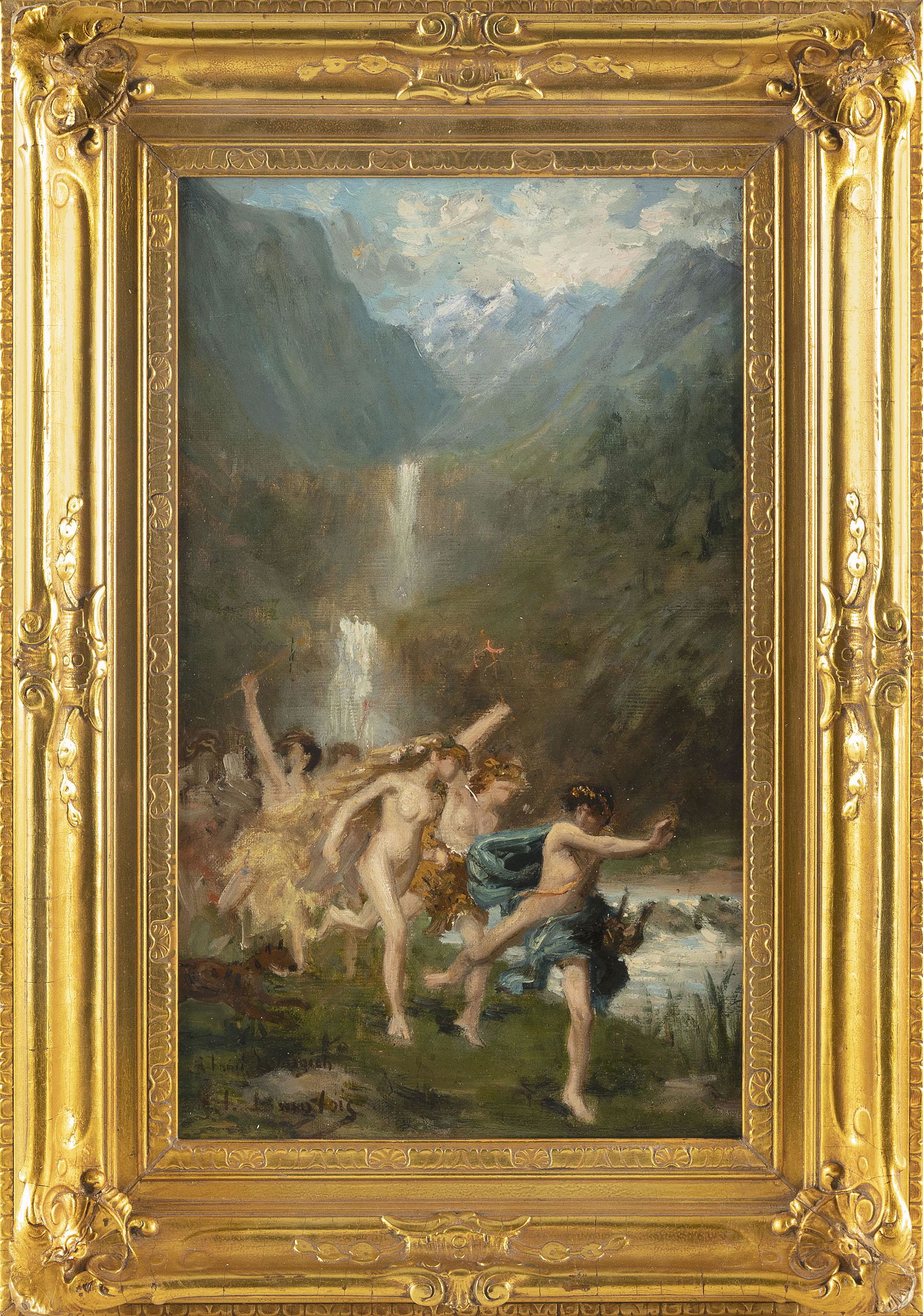 ATTRIBUTED TO JEAN CHARLES LANGLOIS (France, 1789-1870), Allegorical landscape with nude figures at: ATTRIBUTED TO JEAN CHARLES LANGLOISFrance, 1789-1870Allegorical landscape with nude figures at a mountain waterfall. Signed lower left "Langlois".Oil on canvas, 18.5" x 11.5". Framed 25" x 17".