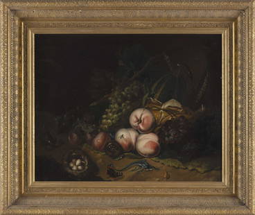 MANNER OF RACHEL RUYSCH (Continental Europe, Mid-19th Century), Still life of fruit, a bird's nest: MANNER OF RACHEL RUYSCH Continental Europe, Mid-19th Century Still life of fruit, a bird's nest and insects. Unsigned. Oil on canvas, 18.75" x 23.75". Framed 26.5" x 31.5". 