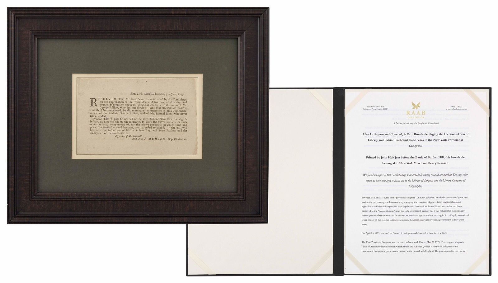 RARE BROADSIDE AFTER THE BATTLES OF LEXINGTON AND CONCORD Dated June 5, 1775 4.75" x 7.75". Framed (1 of 3)