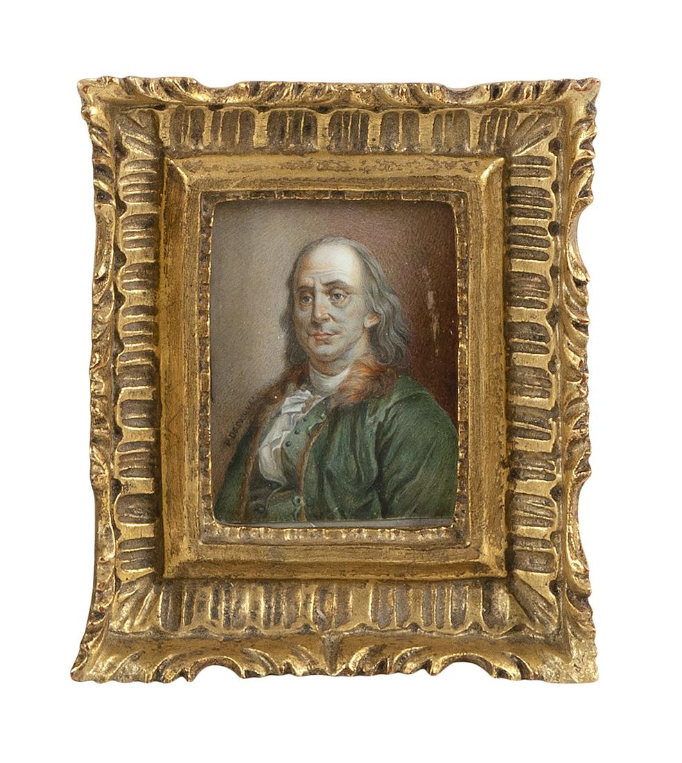 AMERICAN SCHOOL (19th Century,), Portrait of Benjamin Franklin., Watercolor, 3" x 2" sight. Framed (1 of 1)