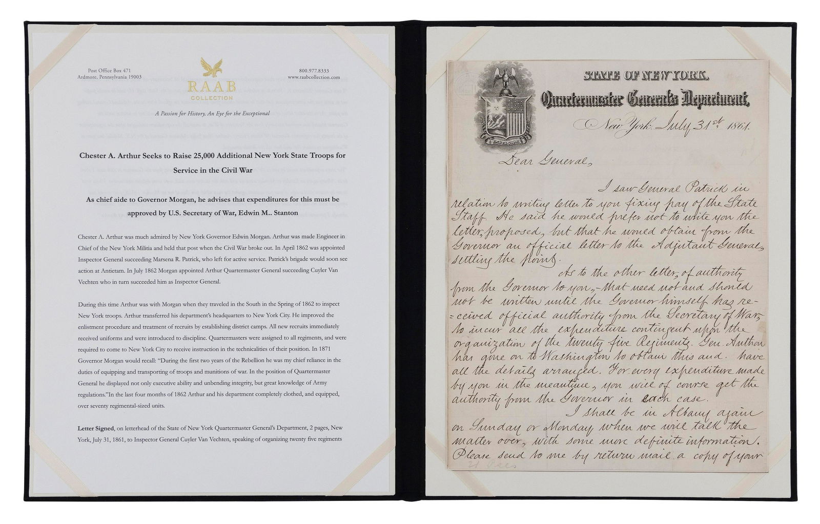 CHESTER A. ARTHUR AUTOGRAPHED LETTER SIGNED Dated July 31, 1861 9.75" x 7.75". Folder 11.5" x 9.25". (1 of 3)