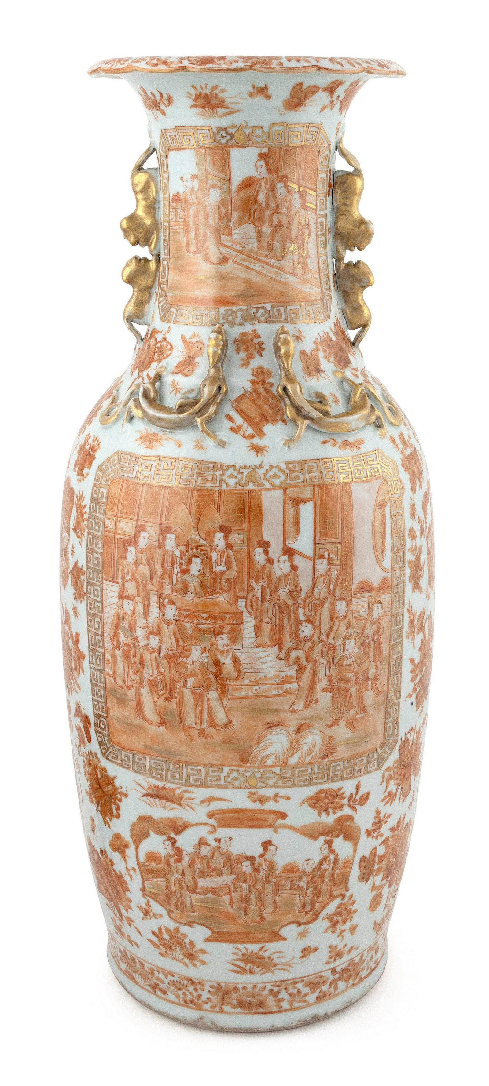 CHINESE EXPORT IRON RED AND GILT CANTON PORCELAIN BALUSTER VASE Circa 1850 Height 25". (1 of 2)