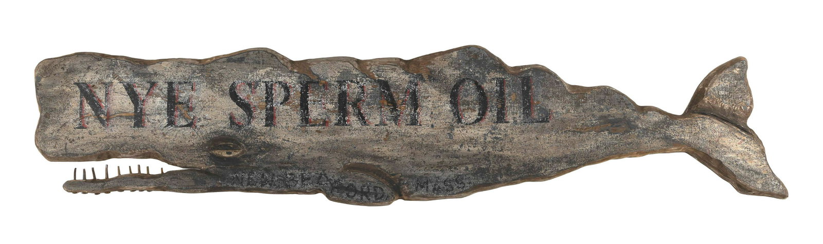 SPERM WHALE-FORM PAINTED WOODEN SIGN Contemporary Length 46”.: SPERM WHALE-FORM PAINTED WOODEN SIGNContemporary“Nye Sperm Oil” in red and black lettering on a white and gray ground.Length 46”.