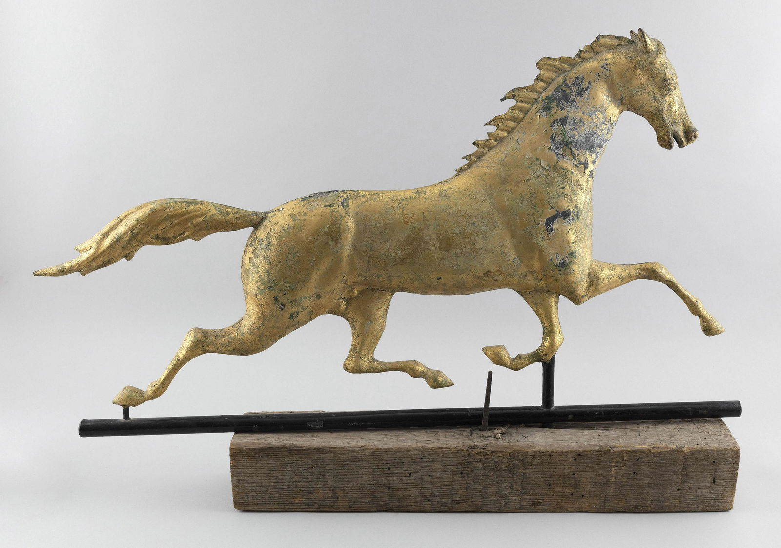 GILT COPPER AND ZINC TROTTING HORSE WEATHER VANE 19th Century Height 21”. Length 33". (1 of 2)