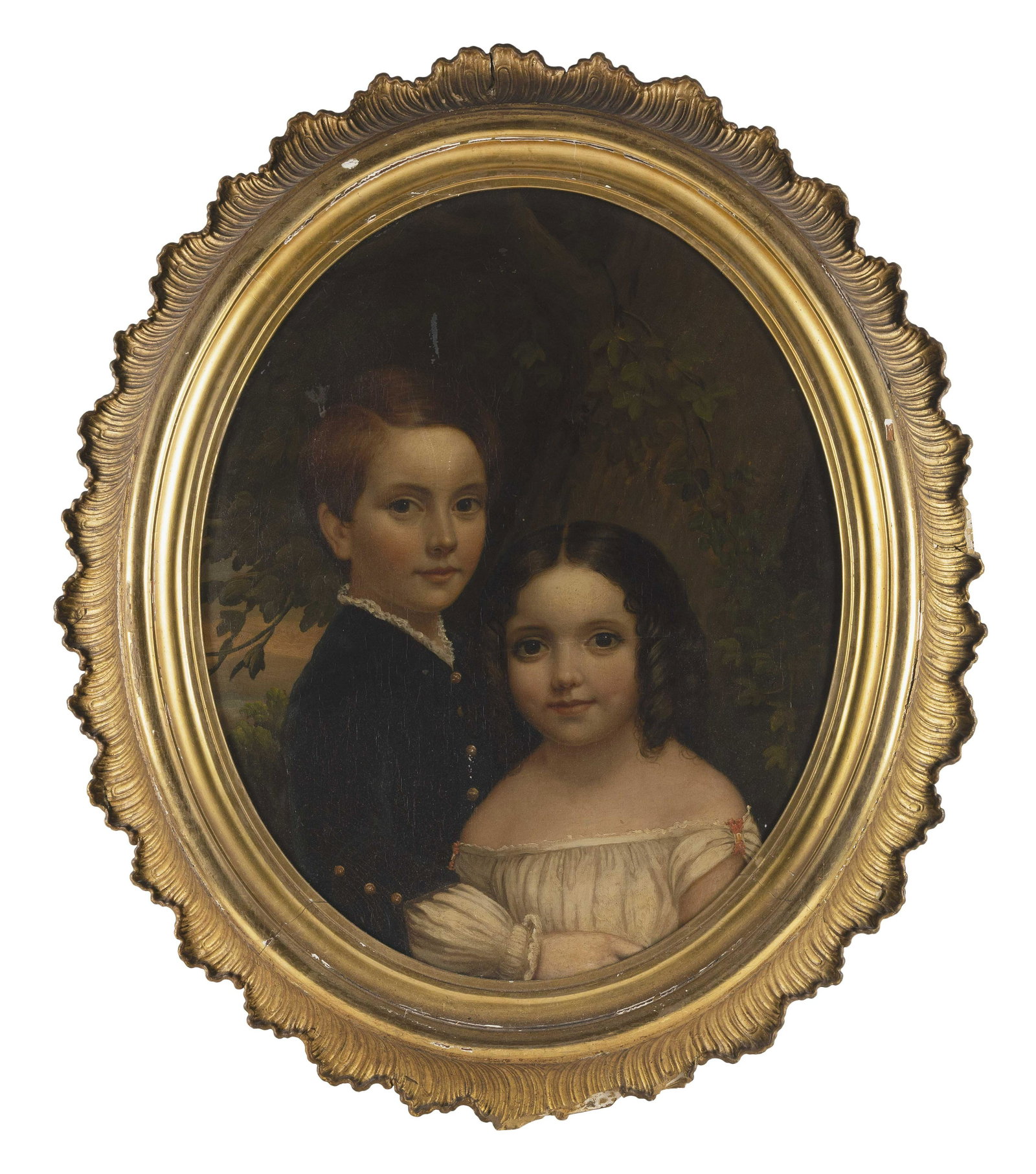 AMERICAN SCHOOL (19th Century,), Portrait of a boy and girl, likely siblings., Oil on canvas, oval: AMERICAN SCHOOL 19th Century Portrait of a boy and girl, likely siblings. Unsigned. Oil on canvas, oval 28" x 23". Framed 36.5" x 33".