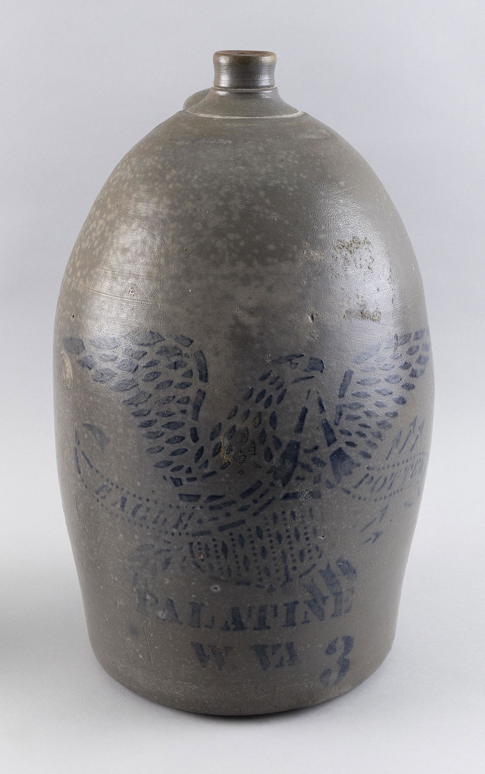 EAGLE POTTERY THREE-GALLON STONEWARE HANDLED JUG Palatine, West Virginia, 19th Century Height (1 of 4)