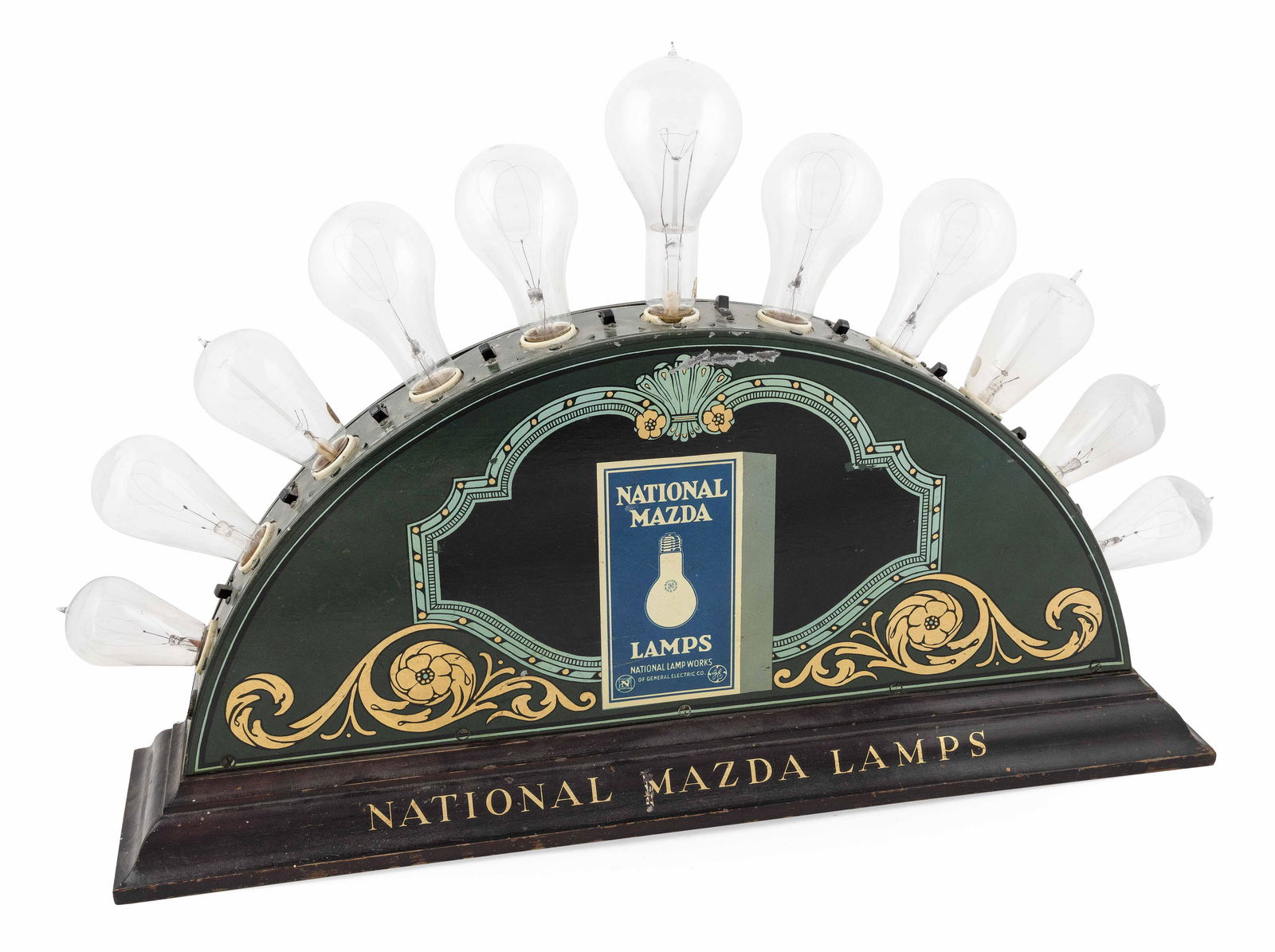 NATIONAL MAZDA LAMPS DOUBLE-SIDED DISPLAY, Circa 1920 Height 12.5". Width 27.5". Depth 6.5". (1 of 4)