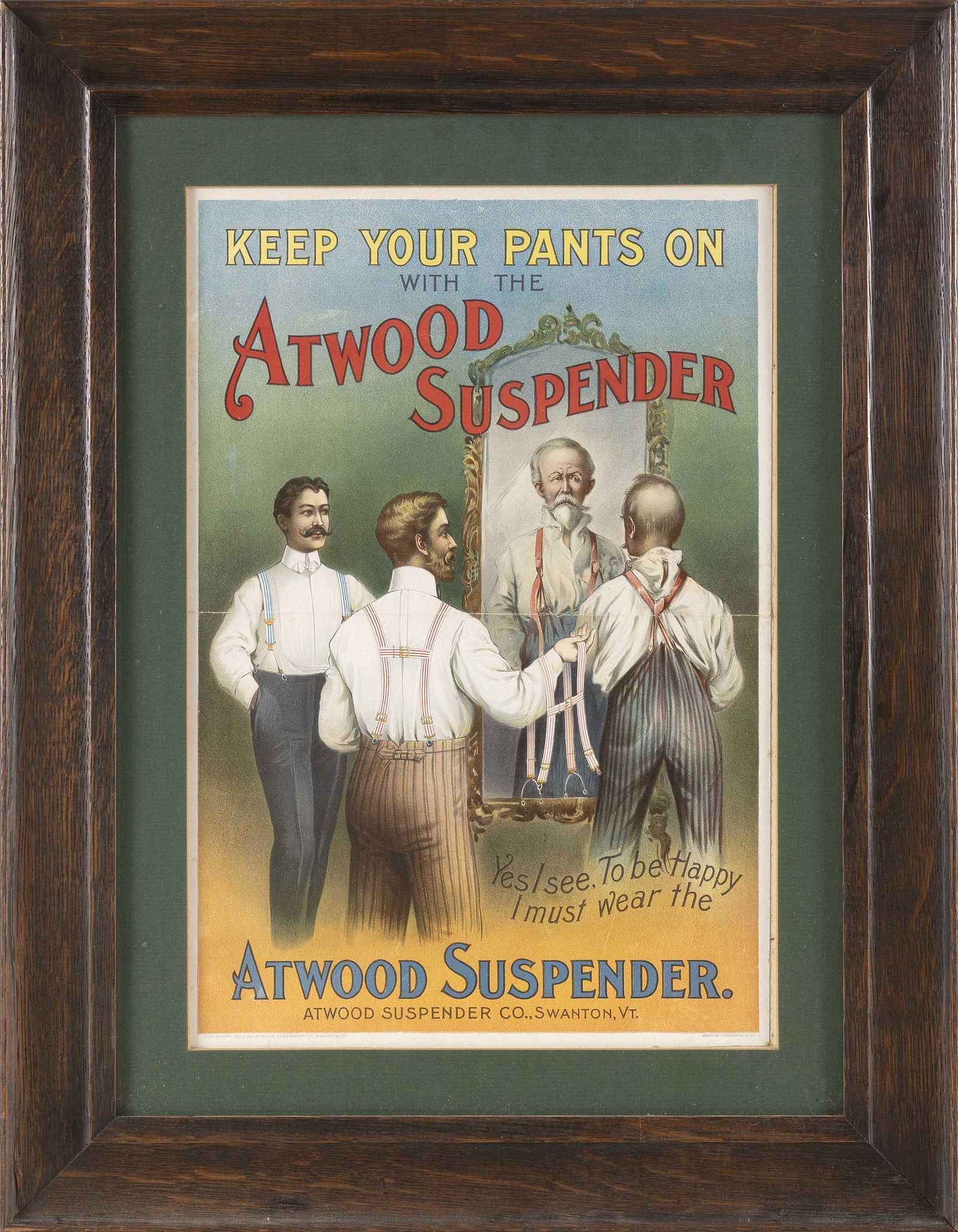 “KEEP YOUR PANTS ON WITH ATWOOD SUSPENDER” ADVERTISEMENT Late 19th Century Lithograph, (1 of 2)