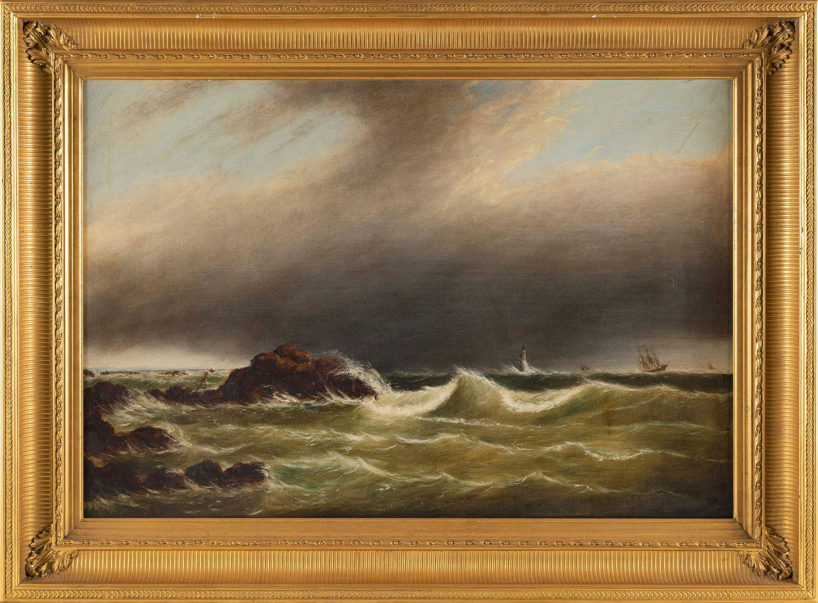 ATTRIBUTED TO CLEMENT DREW (Massachusetts, 1806-1889), Ships off a rocky coast., Oil on canvas, 20": ATTRIBUTED TO CLEMENT DREWMassachusetts, 1806-1889Ships off a rocky coast. Unsigned.Oil on canvas, 20" x 30". Framed 27" x 37".