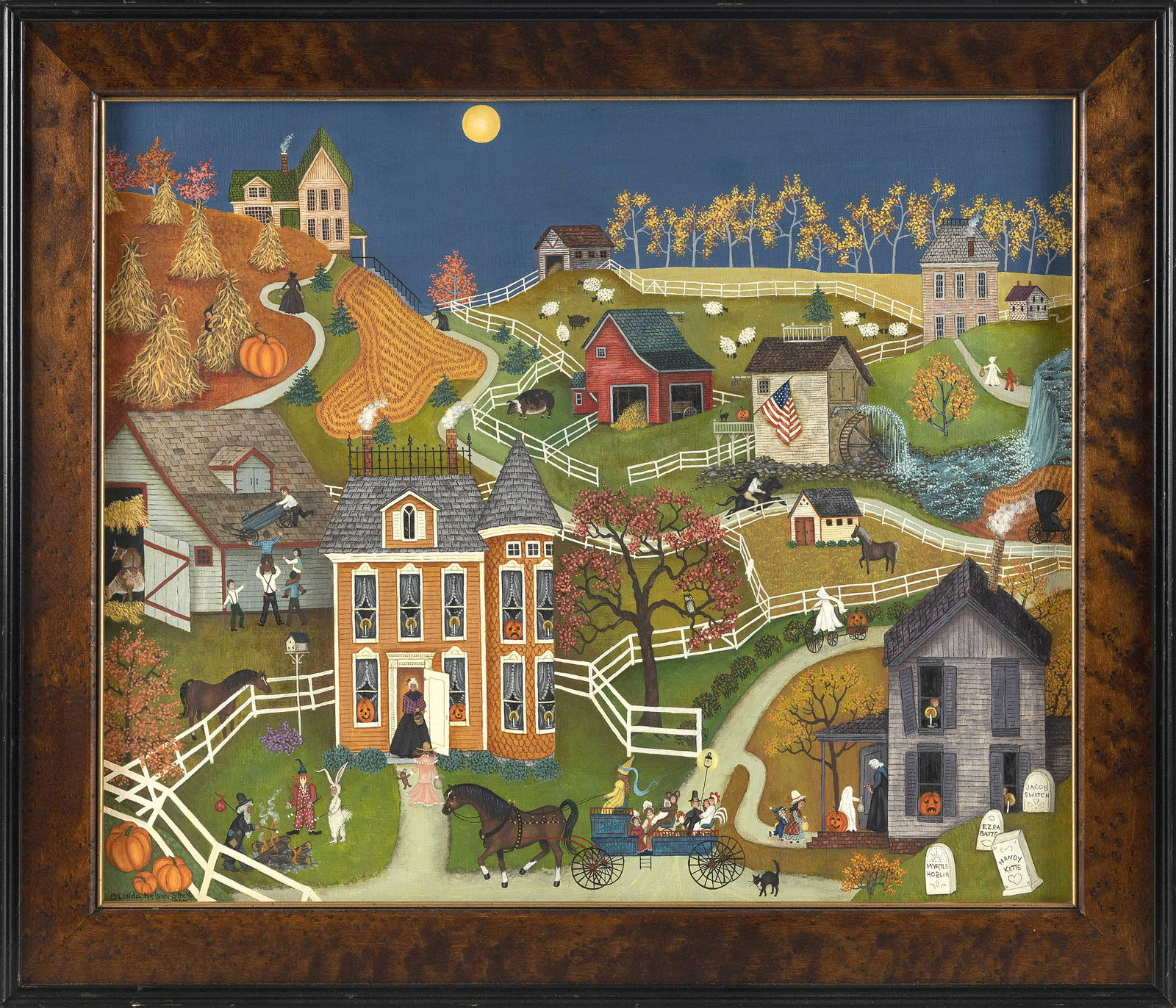 LINDA NELSON STOCKS (America, 1938-2011), Halloween scene., Oil on canvas, 18" x 24". Framed 22" x (1 of 2)