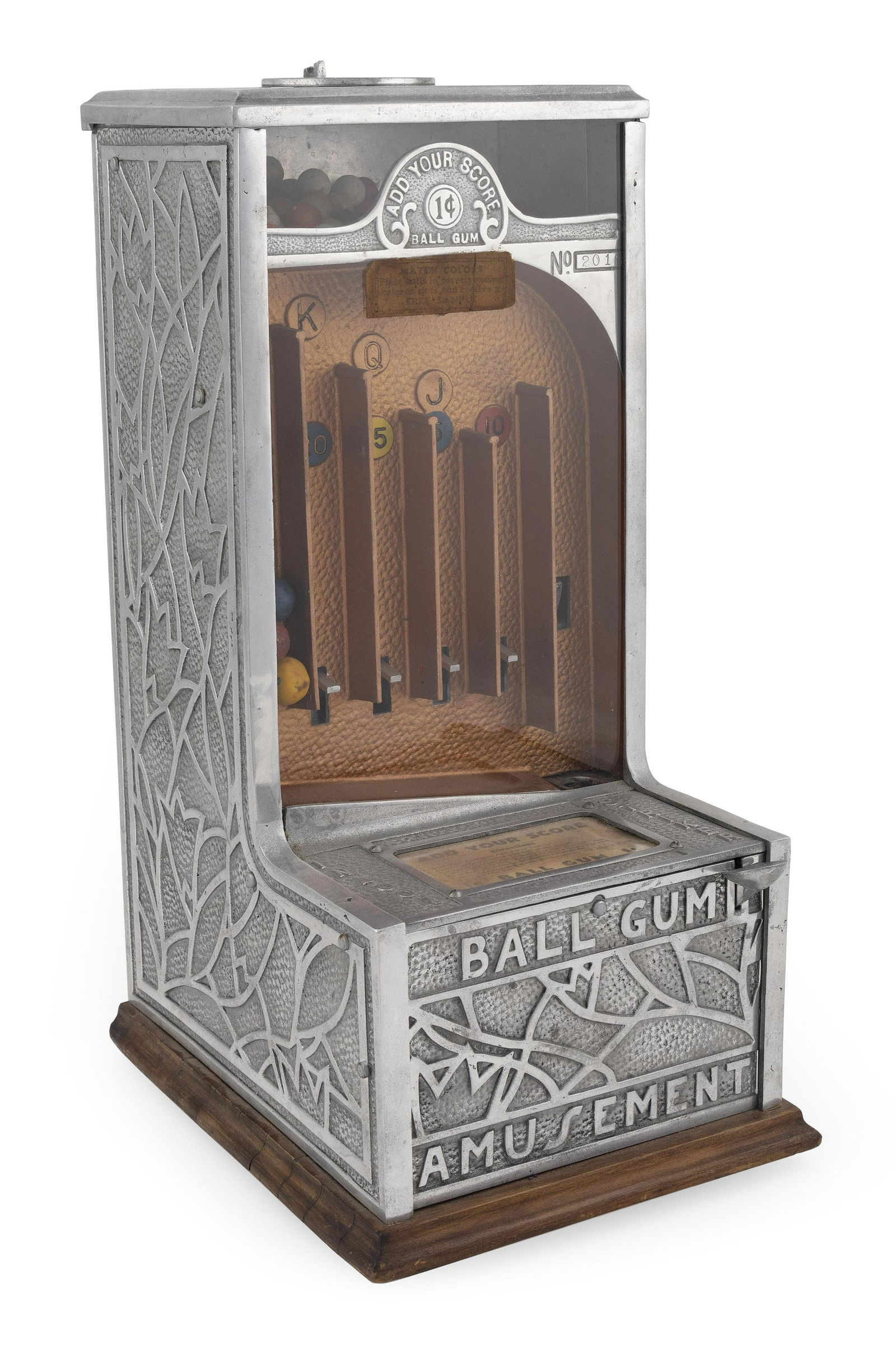 INDOOR AMUSEMENT CO. 1¢ BALL GUM STRIKER ARCADE GAME Los Angeles, Circa 1930 Height 19.25". (1 of 2)