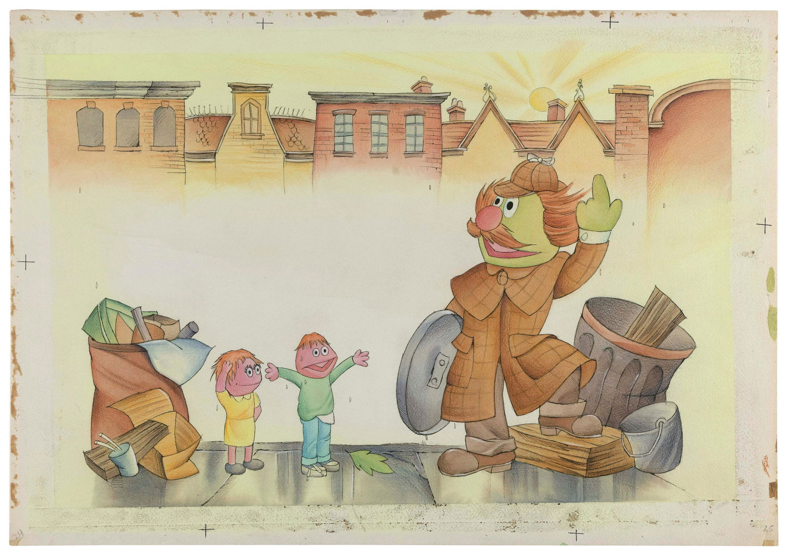 ORIGINAL BOOK ILLUSTRATIONS FEATURING JIM HENSON’S SESAME STREET MUPPETS 1981 Mixed media on: ORIGINAL BOOK ILLUSTRATIONS FEATURING JIM HENSON’S SESAME STREET MUPPETS1981Original illustration by Sammis McLean for Sherlock Hemlock and the Creatures from Outer Space by Ray Sipherd (Western