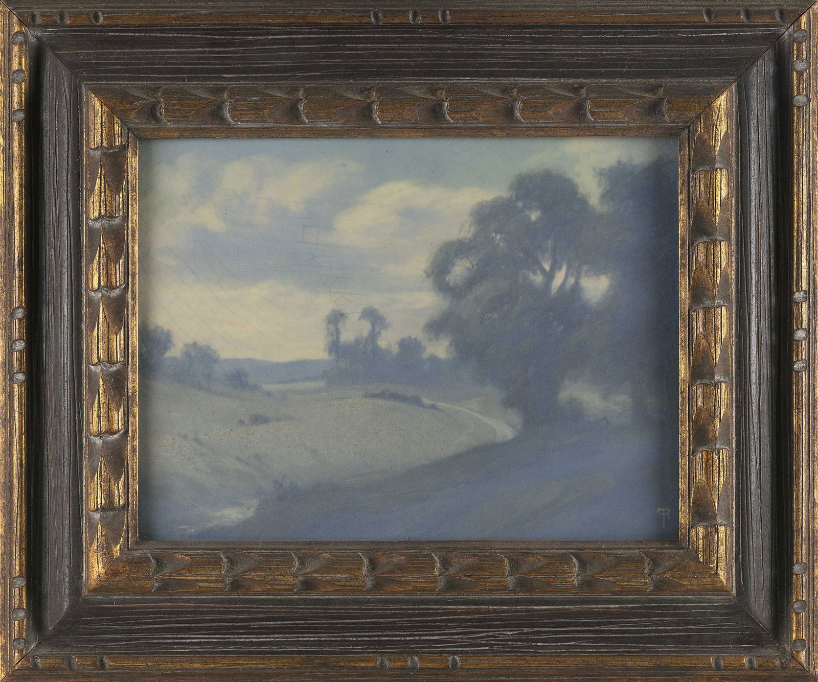 ROOKWOOD FREDERICK ROTHENBUSCH PORCELAIN TILE PAINTING "ROLLING HILL" Dated 1914 9.25" x 12". Framed (1 of 2)