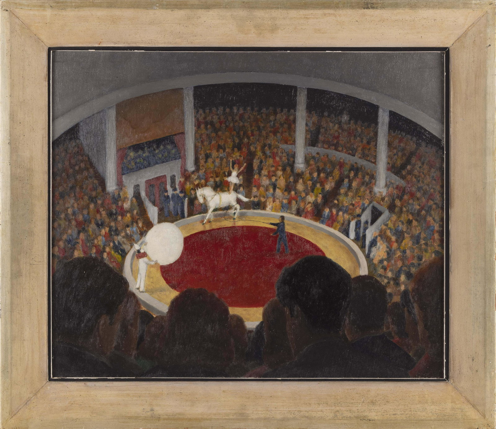 AMERICAN SCHOOL (Early to Mid-20th Century,), A circus., Oil on masonite, 19.5” x 24”. (1 of 2)