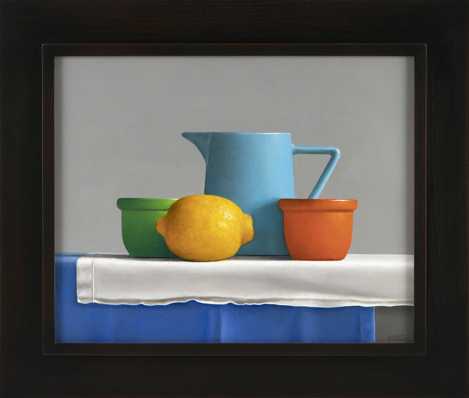 JANET RICKUS (Massachusetts, b. 1949), Blue pitcher with a lemon., Oil on panel, 12" x 15". Framed: JANET RICKUSMassachusetts, b. 1949Blue pitcher with a lemon. Signed lower right "Janet Rickus".Oil on panel, 12" x 15". Framed 16.75" x 19.5".