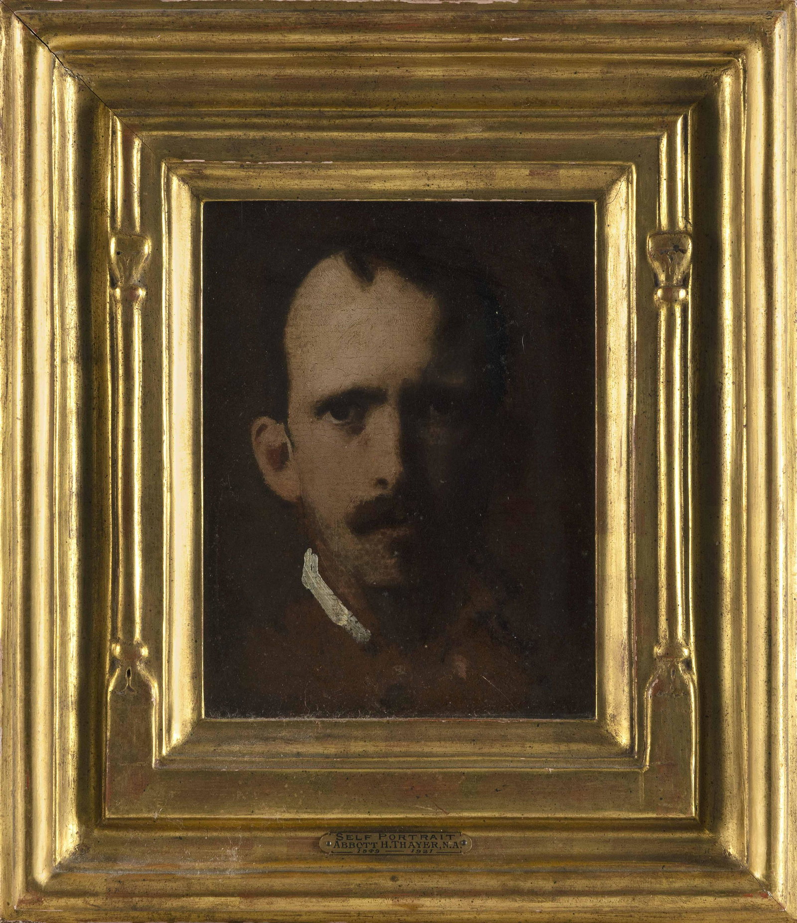 ABBOTT HANDERSON THAYER (New York/New Hampshire, 1849-1921), Self-portrait., Oil on canvas, 9" x 7".: ABBOTT HANDERSON THAYERNew York/New Hampshire, 1849-1921Self-portrait. Signed faintly upper right. Label verso for William MacBeth gallery, New York.Oil on canvas, 9" x 7". Framed 15.25" x 13.25". Not