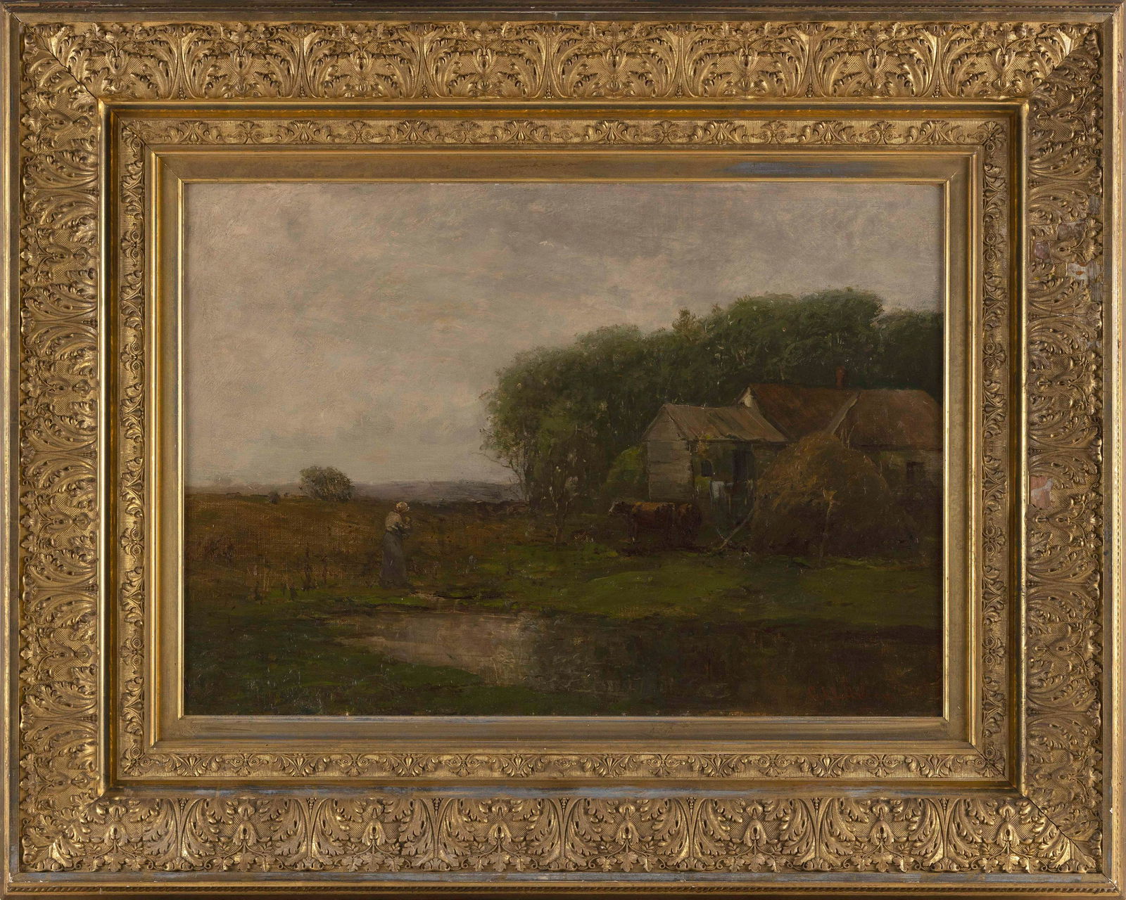 CHARLES EDWIN LEWIS GREEN (Massachusetts, 1844-1915), Farm landscape., Oil on canvas, 18" x 26".: CHARLES EDWIN LEWIS GREENMassachusetts, 1844-1915Farm landscape. Signed lower right "C.E.L. Green".Oil on canvas, 18" x 26". Framed 30" x 38". Provenance:Andover, Massach