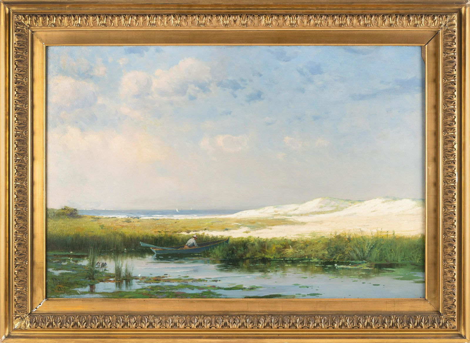 FRANKLIN B. DE HAVEN (New York/Pennsylvania/Connecticut/Indiana, 1856-1934), A man in a dory in a: FRANKLIN B. DE HAVENNew York/Pennsylvania/Connecticut/Indiana, 1856-1934A man in a dory in a coastal inlet at the foot of the dunes. Signed and dated lower left “F. DeHaven 1890”.Oil on ca