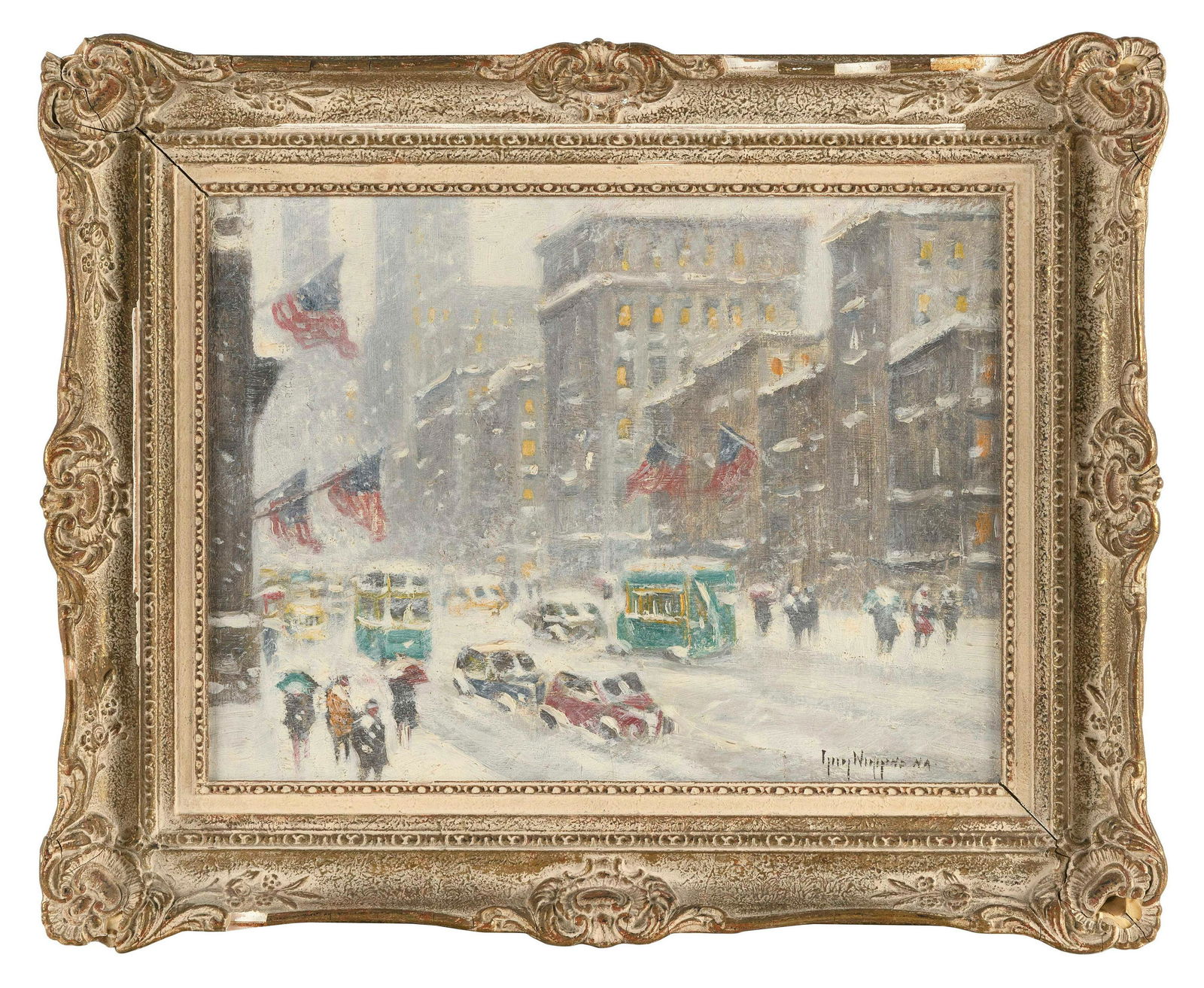 GUY CARLETON WIGGINS (New York/Connecticut, 1883-1962), Fifth Avenue, New York City., Oil on board,: GUY CARLETON WIGGINSNew York/Connecticut, 1883-1962Fifth Avenue, New York City. Signed lower right "Guy Wiggins N.A.".Oil on board, 12" x 16". Framed 18" x 22".