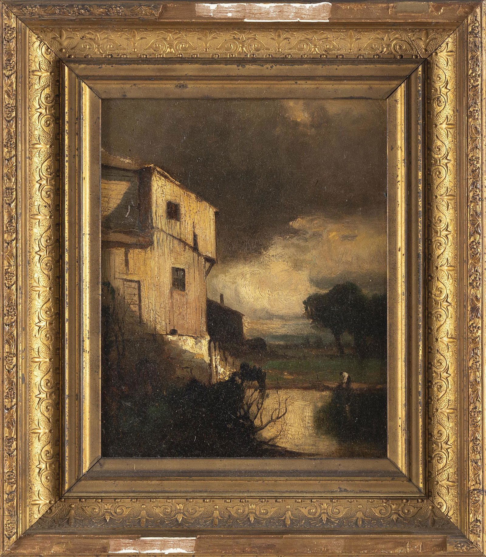 AMERICAN SCHOOL (19th Century,), Landscape with barn and other buildings, a pond and a figure., Oil (1 of 2)