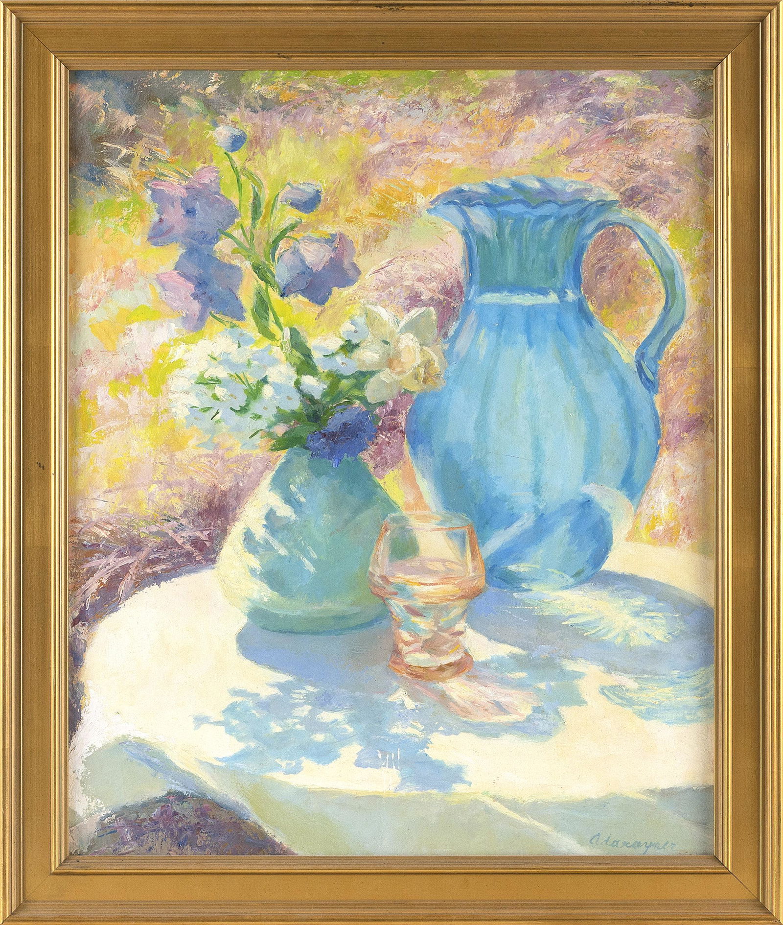 ADA RAYNER HENSCHE (Massachusetts, 1901-1985), "Sunlit Blue Pitcher"., Oil on board, 24" x 20". (1 of 2)