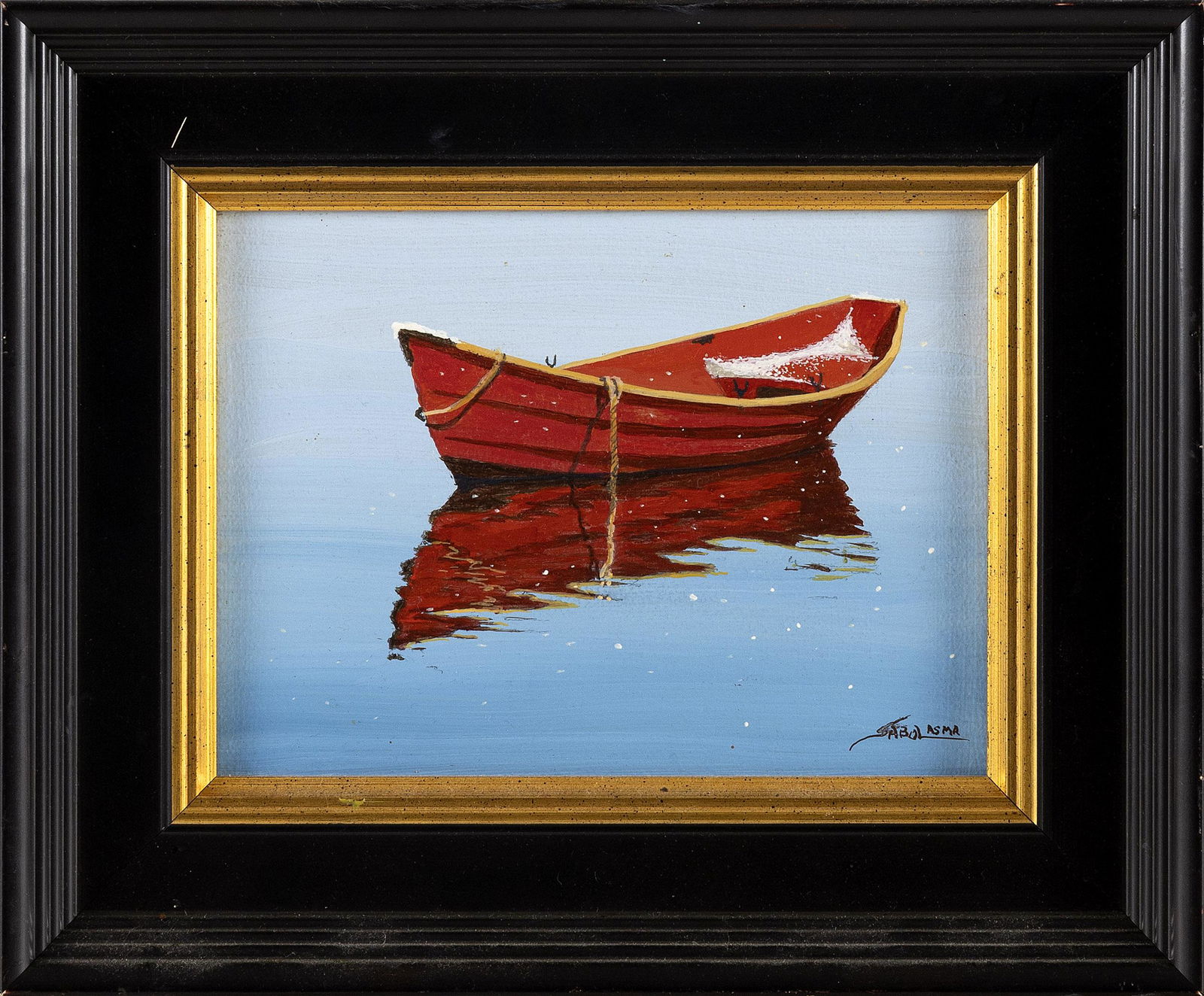JEFFEREY SABOL (Connecticut, 20th Century), "Early Snowfall, 2015", depicting a red dinghy in the (1 of 2)