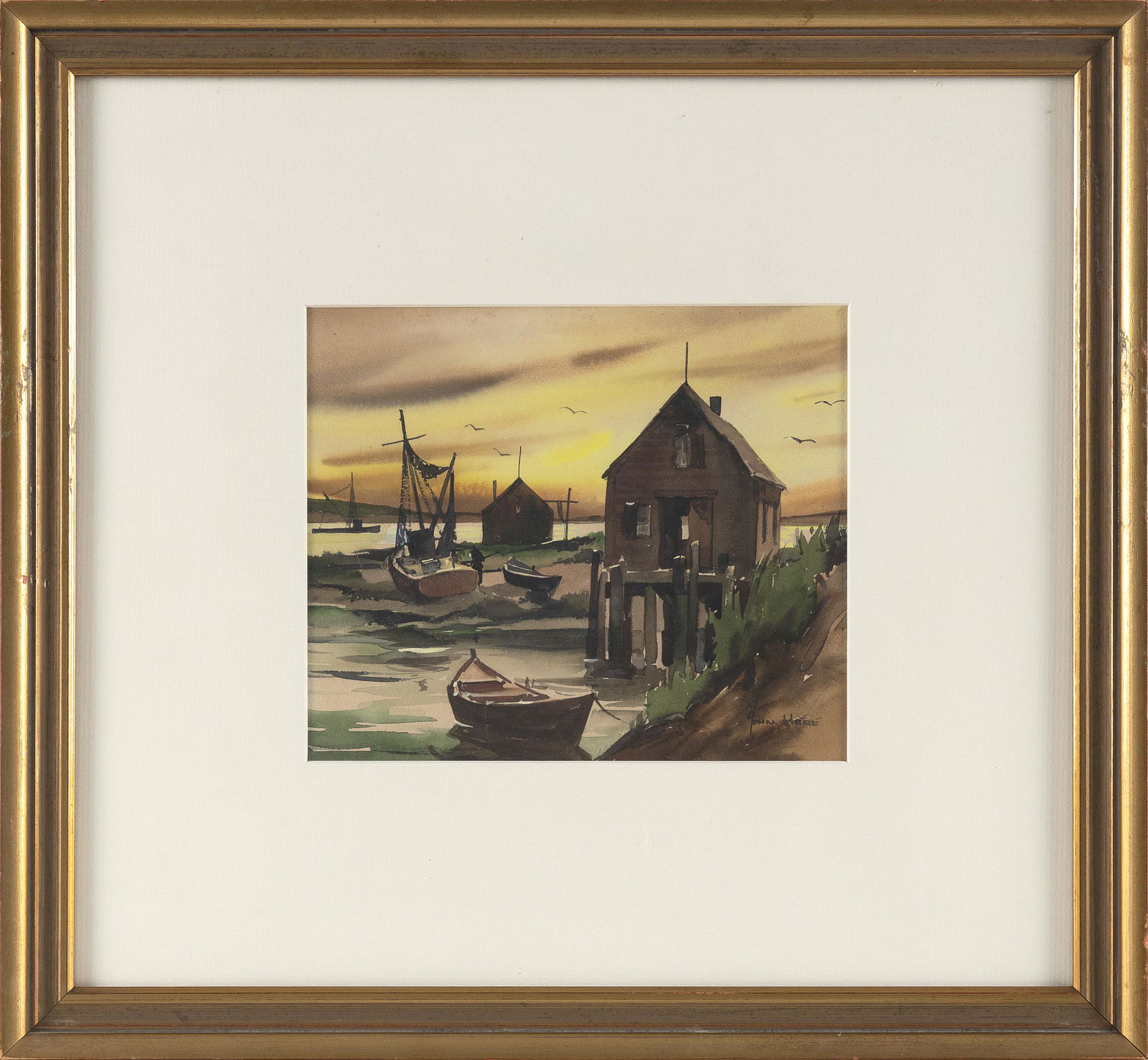 JOHN CUTHBERT HARE (Massachusetts/Florida, 1908-1978), Sunset over the fishing pier., Watercolor on: JOHN CUTHBERT HAREMassachusetts/Florida, 1908-1978Sunset over the fishing pier. Signed lower right "John Hare".Watercolor on paper, 6.5" x 7.5" sight. Framed 15.25" x 16.5&quo